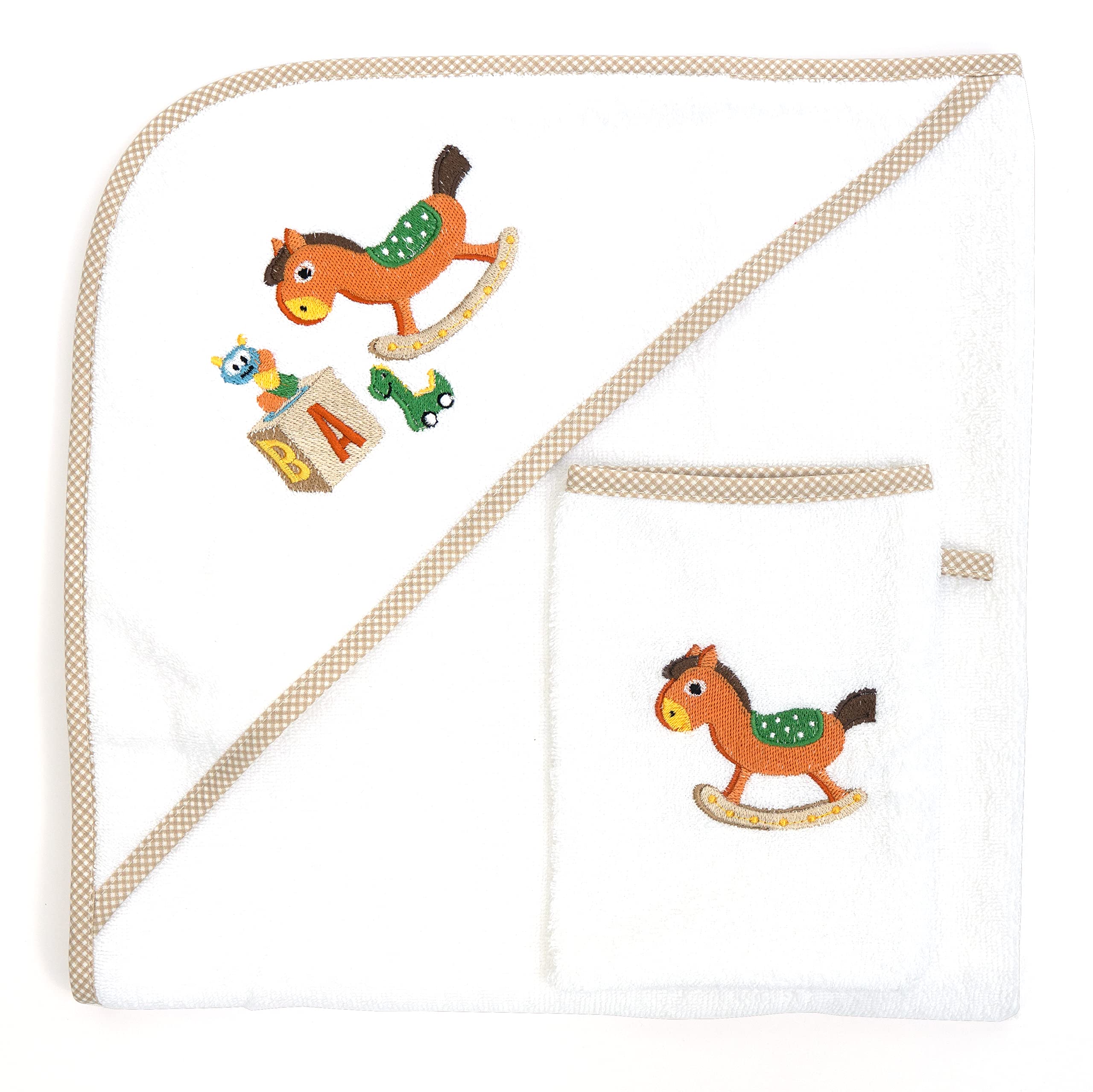 Baby Towel With Hood Wash Mitt Set Newborn Embroidered Bath Pack Gift Boy Or Girl 100% Turkish Combed Cotton (Rocking Horse)