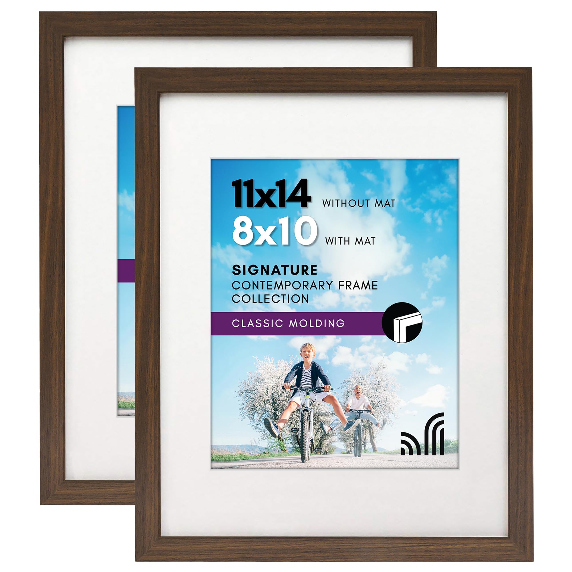 Americanflat 11x14 Walnut Picture Frame with Shatter-Resistant Glass - Displays 8x10 Photos with Mat or 11x14 without Mat - 2 Pack