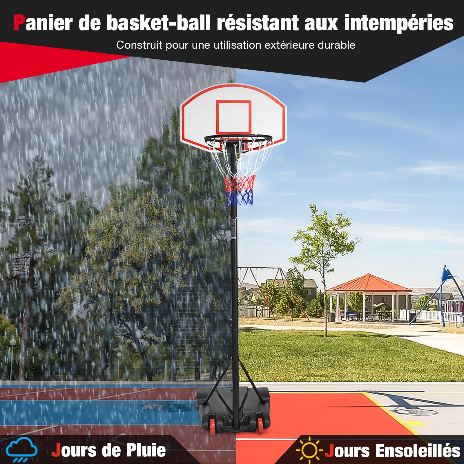 GYMAX Panier de Basket-Ball Extérieur pour Enfants, Hauteur Réglable 178-208cm, 2 Filets Inclus, Mobile avec Roues, Base Remplissable d'eau 25kg ou Sable 30kg