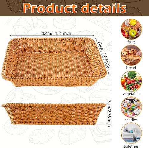 Miniatura 2 de 10 cestas de pan tejidas de mimbre de polietileno, bandeja de frutas de ratán de imitación, apilables, rectangulares, cestas de alimentos para