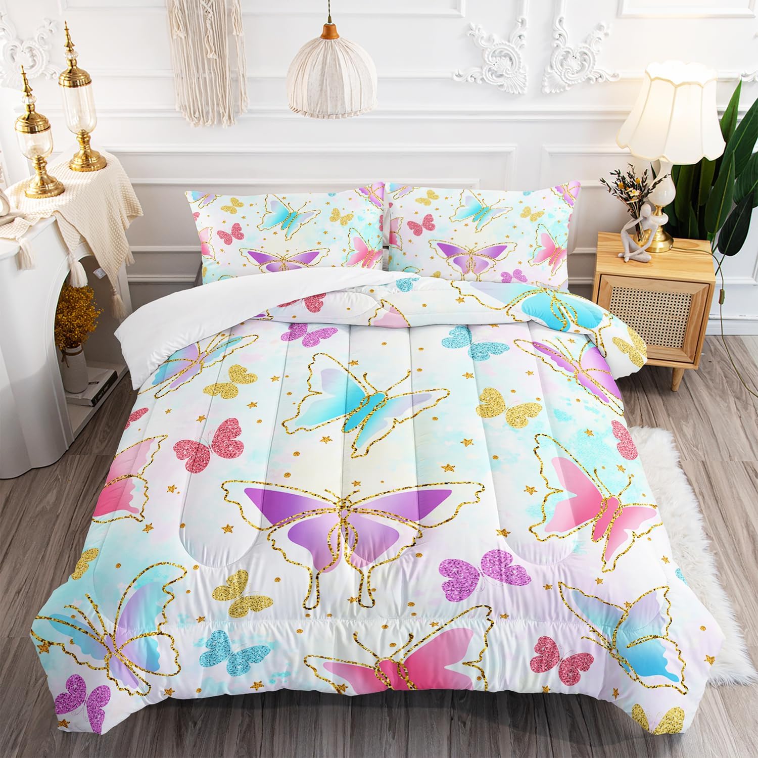 Colorful Butterfly Comforter 3Pcs Queen Tie Dye Sparkling Butterfly Animal Bedding Set for Kid Teen Girl Boy Adult Bed Decor Golden Star Butterfly Quilt with 1 Comforter and 2 Pillowcases