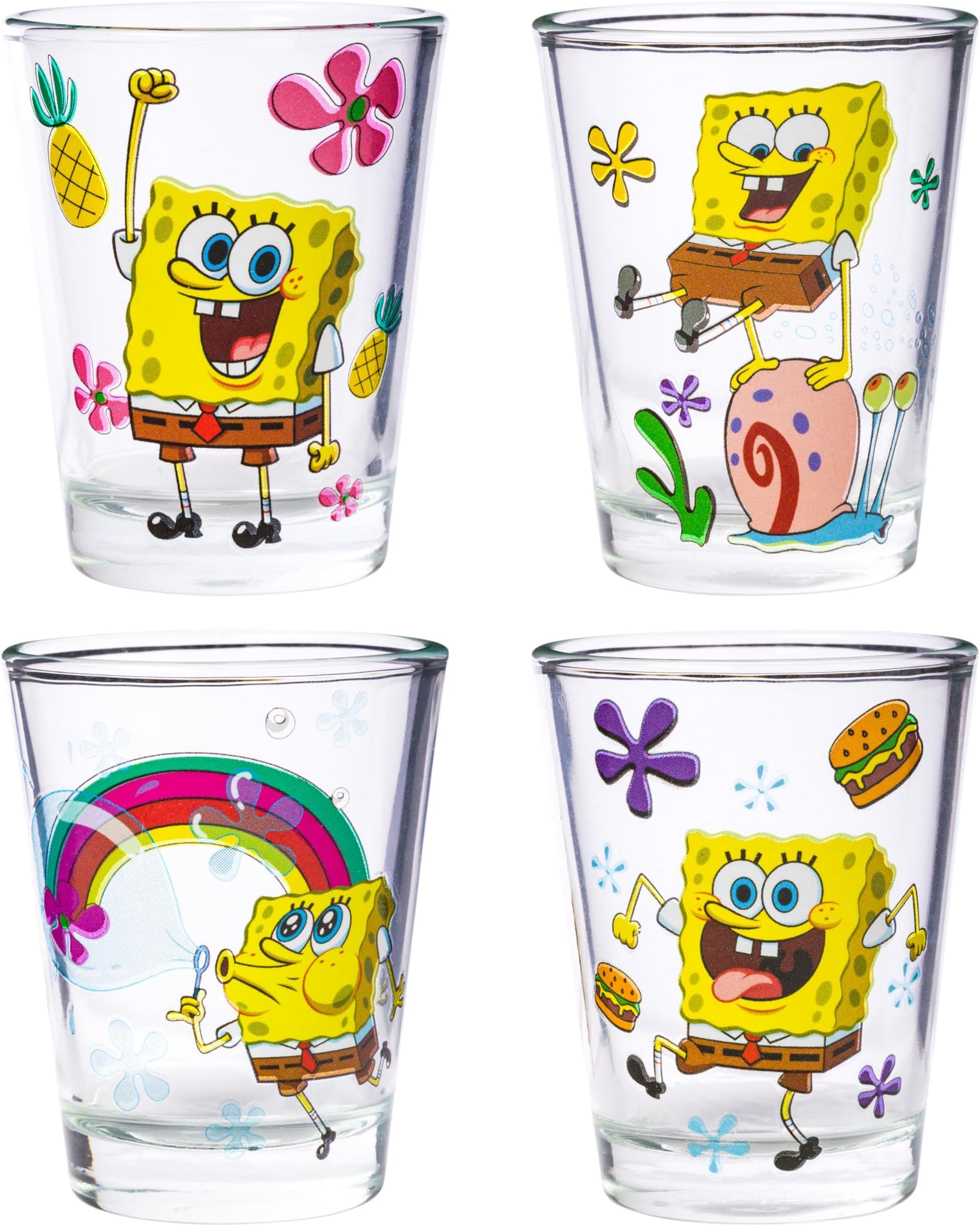 Silver Buffalo SpongeBob SquarePants Featuring Gary Poses Floral Krabby Patty Mini Glass Set, 1.5 Ounces, 4 Count (Pack of 12)