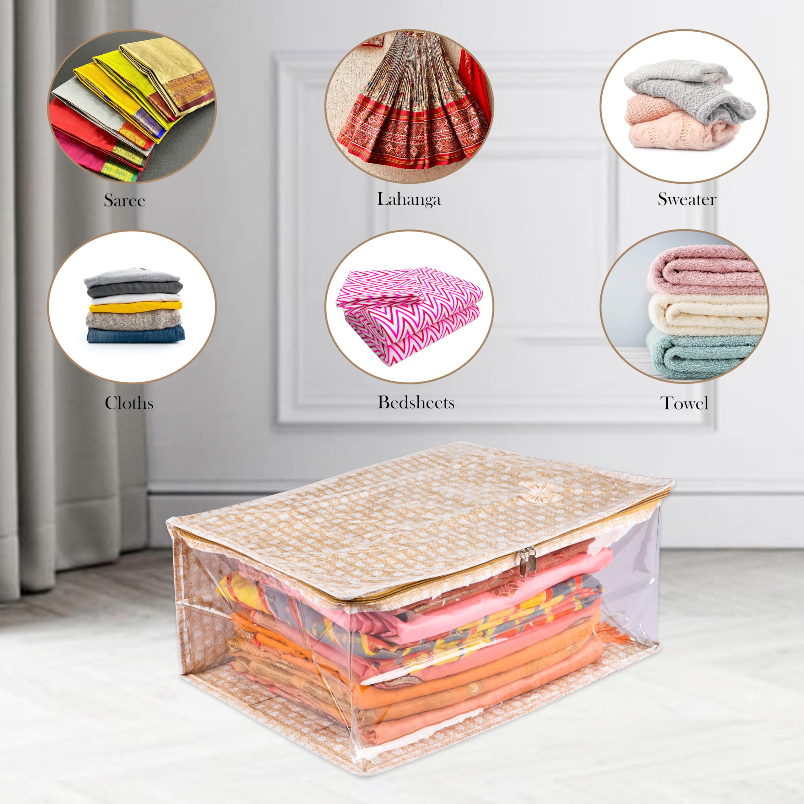 Kuber Industries Polyvinyl_Chloride Sari-Abdeckung mit Reißverschluss – Kleideraufbewahrungstasche, Kleiderschrank Organizer für Anzug, Seite transparent, Karo-Design, 22,9 cm, 2 Stück, Golden