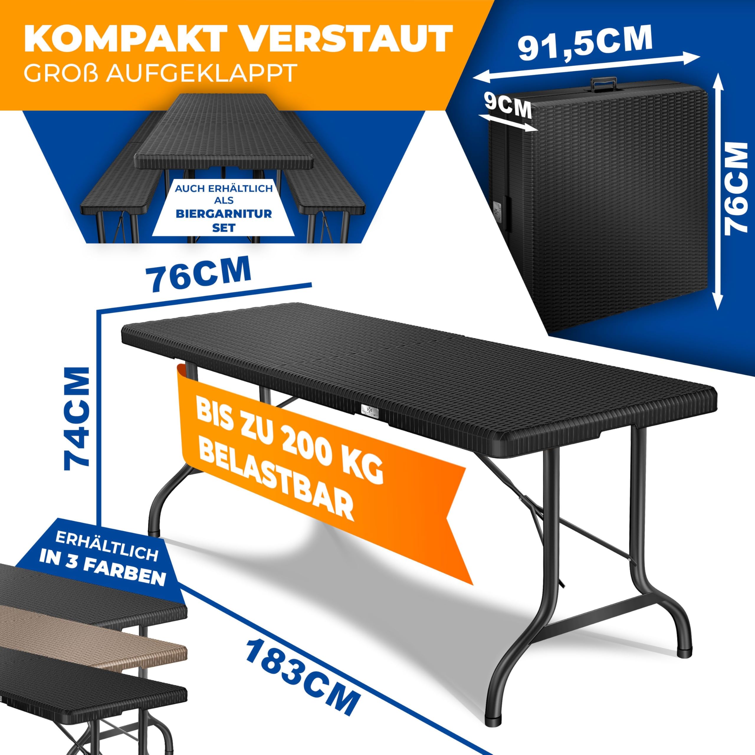 KESSER® Buffettisch Tisch klappbar Kunststoff 183x76cm Rattan Optik Campingtisch Partytisch Klapptisch Gartentisch 6 Personen Garten Terrasse & Balkon zusammenklappbar inkl. Tragegriff Anthrazit