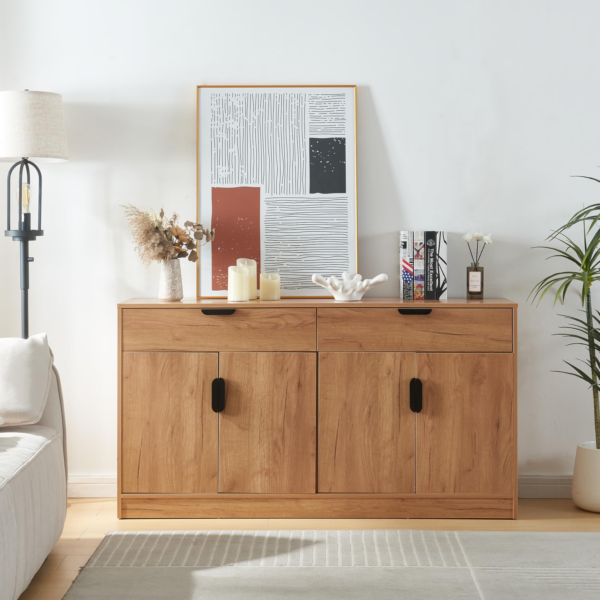 Buffet 2 Portes Coulissantes En Bambou/MDF 110x40x80 Cm - Rangement Salon, Chambre, Couleur Naturel/blanc
