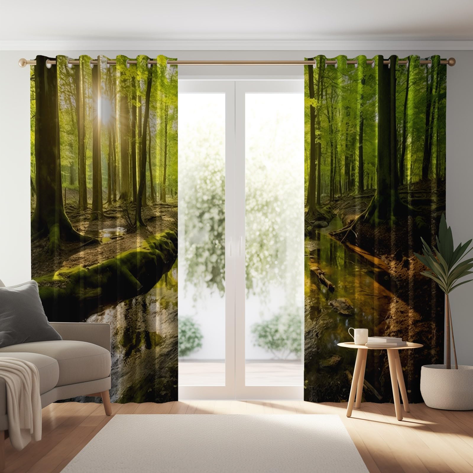 Krajobraz wiejski las strumień zasłony zaciemniające 168 x 229 cm (2 panele), przelotki, izolacja termiczna, zasłony okienne, zielone – blokowanie światła, zasłony redukujące hałas do salonu i