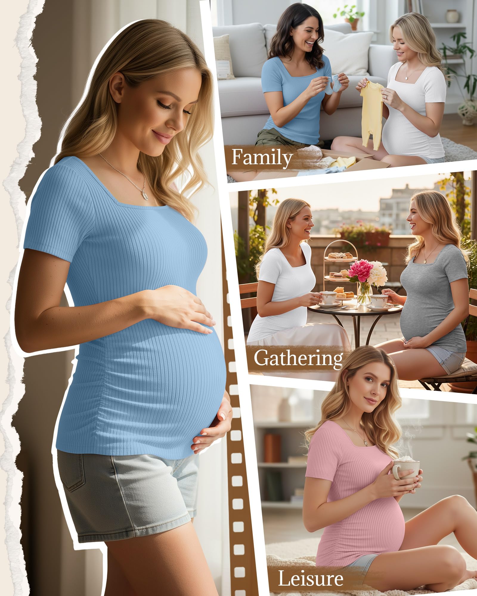 Geyoga Lot de 4 Chemises de Maternité pour Femmes | T-shirt De Maternité À Manches Courtes En Pur Coton Côtelé, Col Carré, IDéal Pour Le Travail Au Quotidien Des Mamans