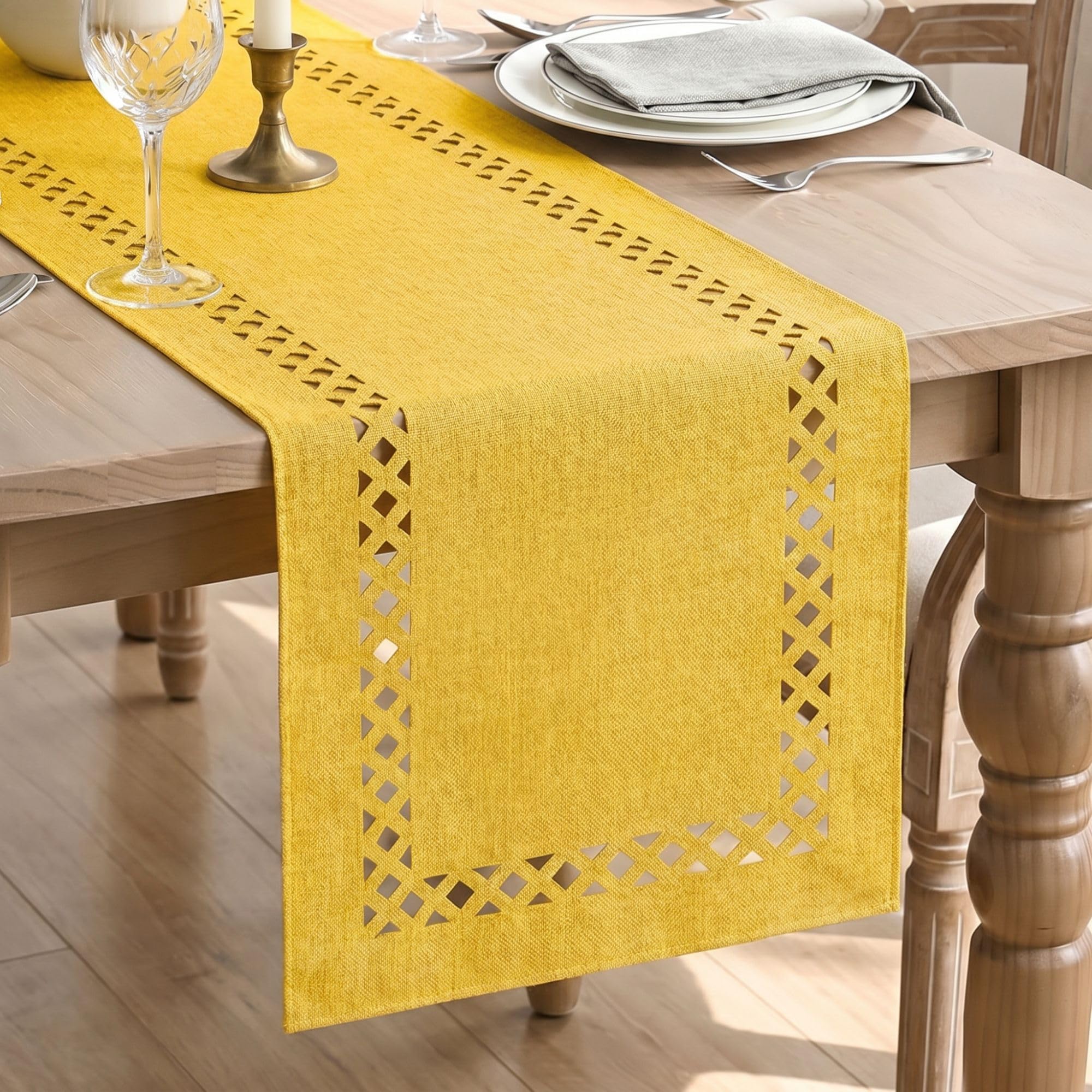 Artoid Mode Yellow Geometric Hollow Linen Summer Table Runner 40x180 cm — image 1