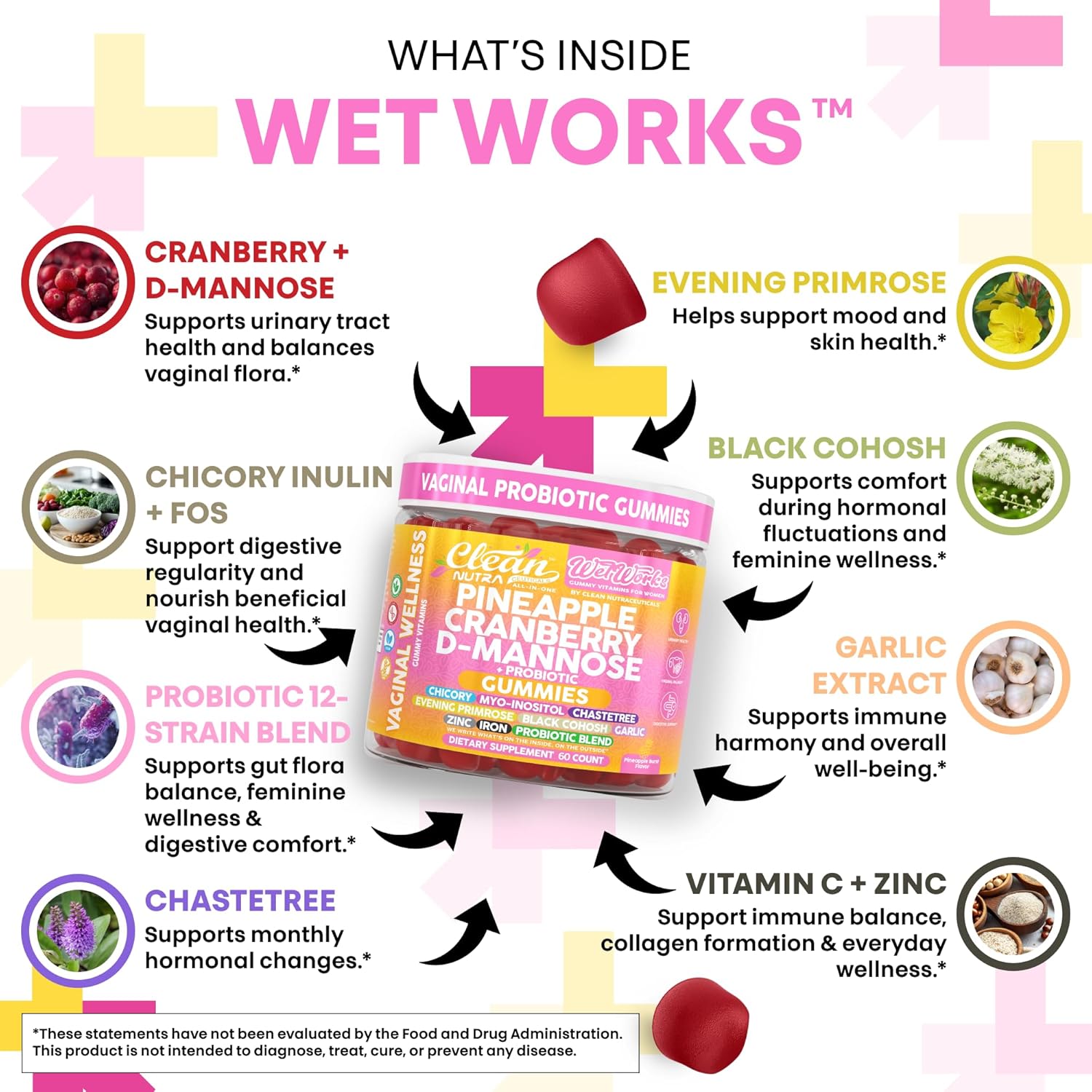 Wet Works Women's Vaginal Probiotic Gummies Pineapple Cranberry Folic Acid D-Mannose Vitamin C Chicory Myo Inositol Garlic Black Cohosh Zinc Iron Evening Primrose Chastetree 60 Count by Clean Nutra - Image 3