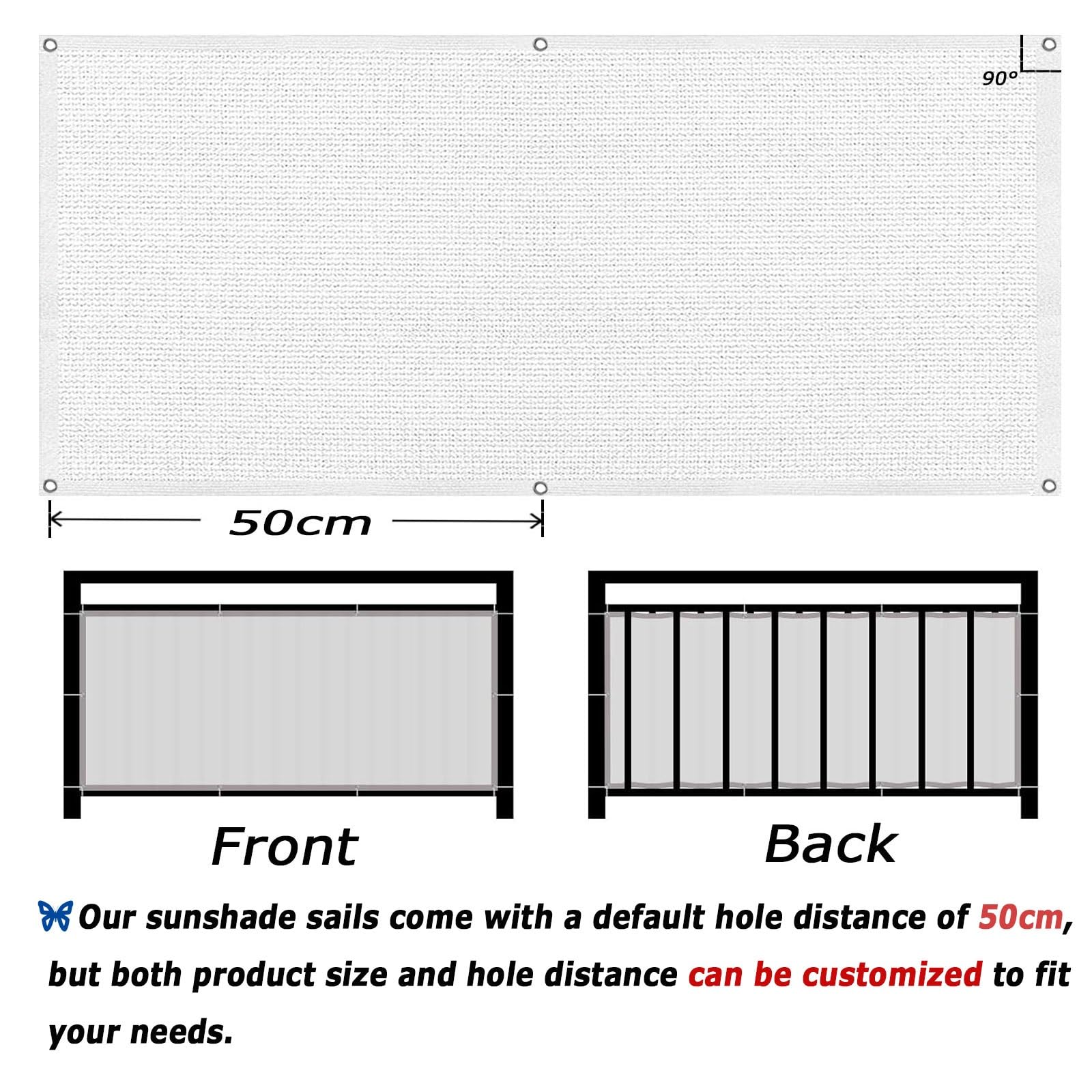 Sonnensegel Rechteckig 50x200cm UV-Schutz Atmungsaktiv Gartenzaun mit Ösen & Riemen für Terrasse Terrasse - Weiß Outdoor Baldachin für Sonnenschutz