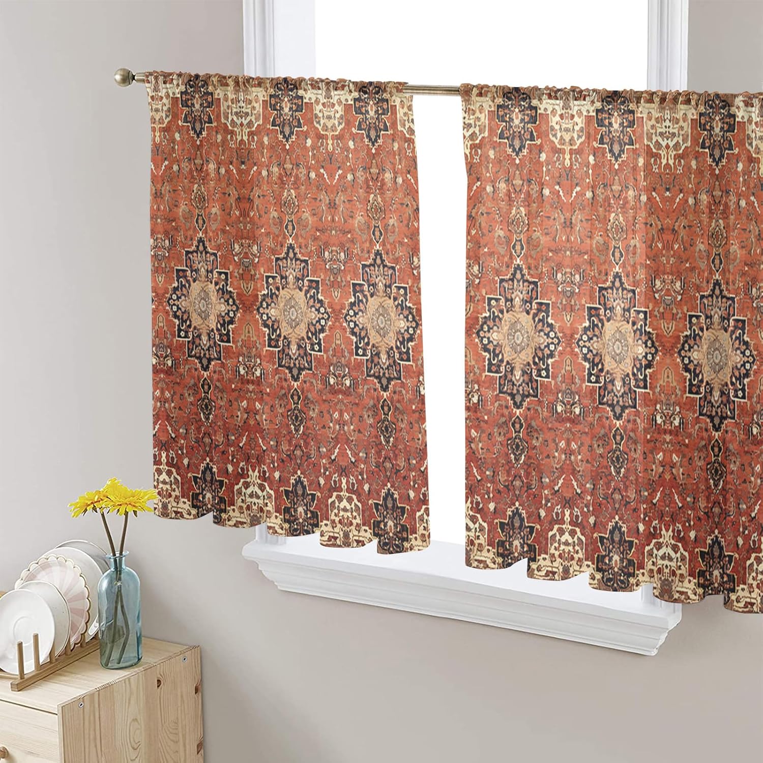 Retro Sheer Curtains 72 Inch Long 2 Panels, Mural Wallpaper Medieval Turkish Patterns Curtains for Living Room Rod Pocket Sheer Drapes Light Filtering Voile Window Treatment 52" W x 72" L