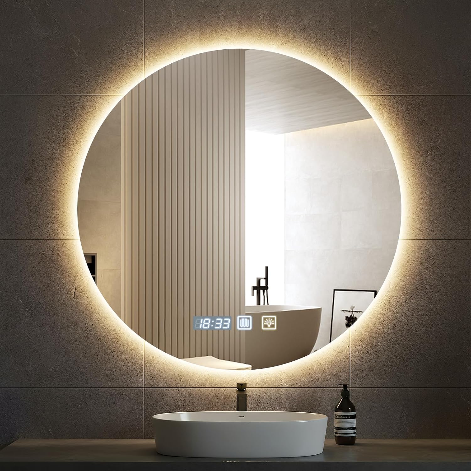 Bathroom Mirror with LED Light, 600MM Round Illuminated Bathroom Mirror, Wall Mounted Vanity Mirror with Demister Pad, 3 Colors Dimmable, Positive Backlight, Time Setting