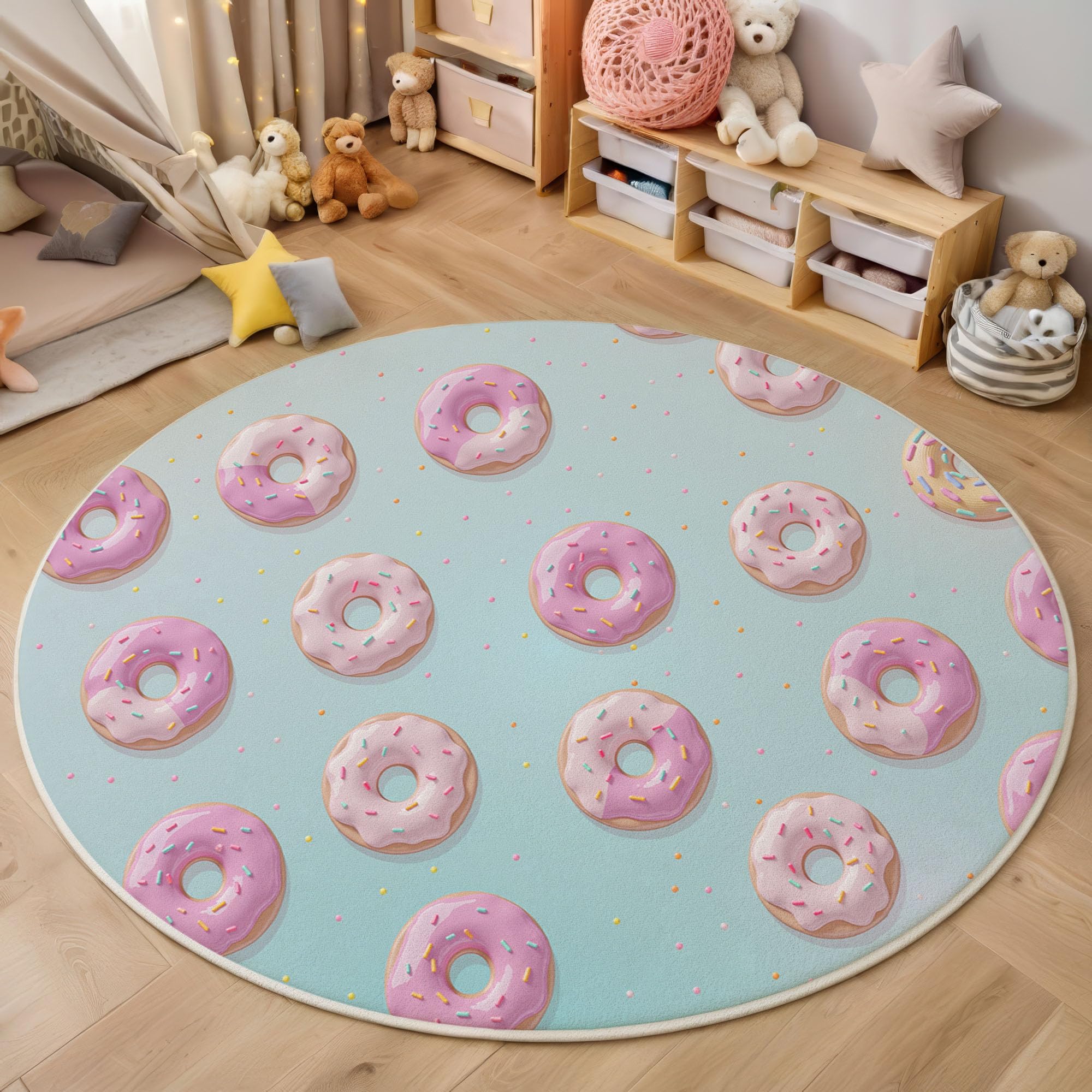 Niedlich Zuckerstreusel Donuts Teppich Flur Rund 160 cm, Hellblau Lustiges Poster Teppich Rund, Waschbar Runde Teppiche Wohnzimmer Teppiche Für Schlafzimmer Kinderzimmer, rutschfest Kurzflor