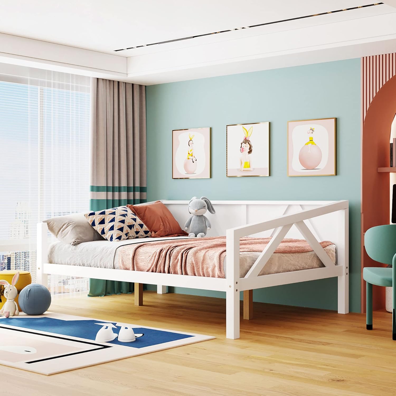 Full Size Solid Wood Daybed, Wooden Day Bed Sofa Bed Frame with Headboard for Living Room, Bedroom, Guestroom, Wood Slat Support, No Box Spring Needed, White Full Size Solid Wood Daybed W White