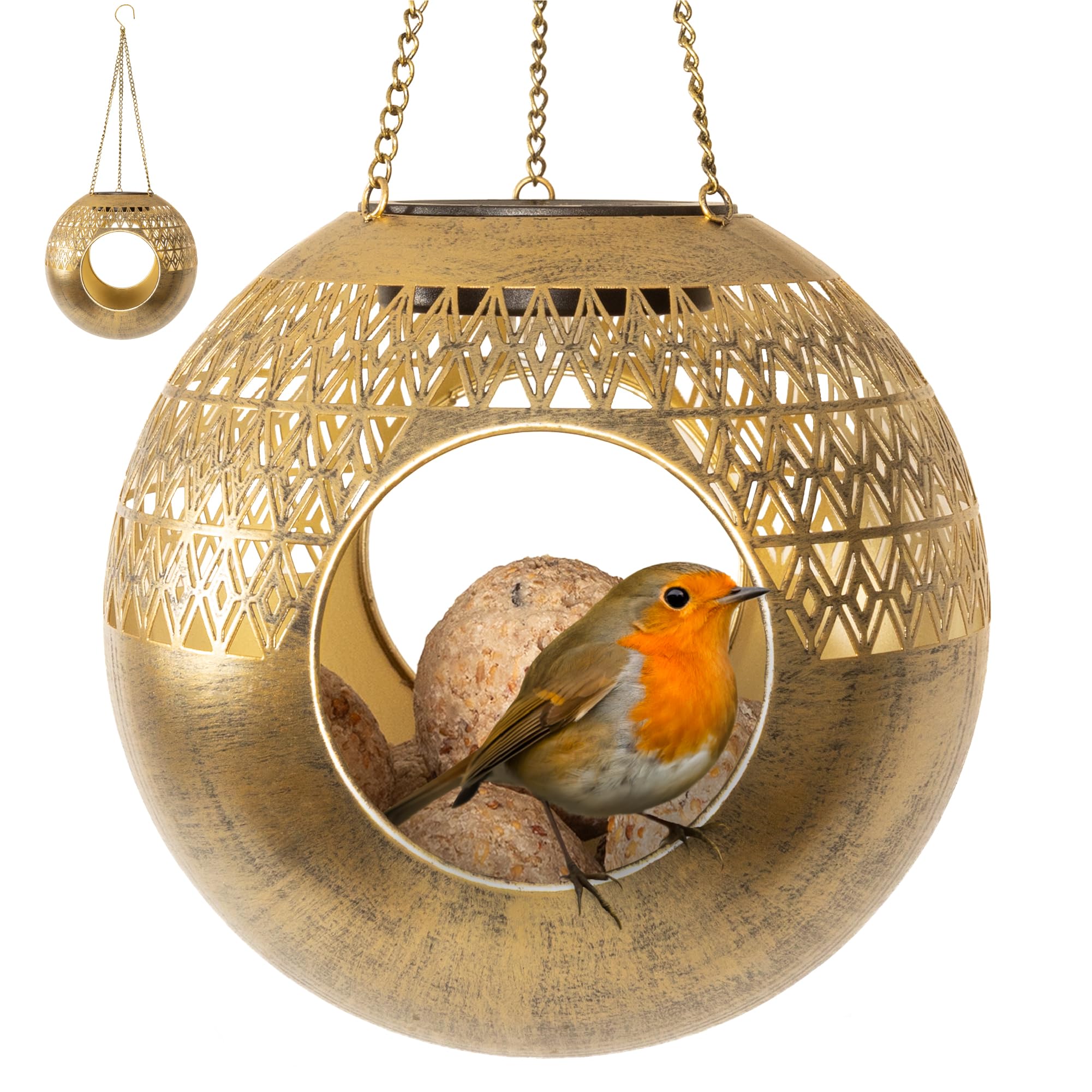 Gadgy Comedero Solar para pájaros Colgante – Diseño Redondo Moderno de Metal – Comedero para pájaros 360° con iluminación Solar – Casa para pájaros Impermeable para jardín, balcón, terraza - 1