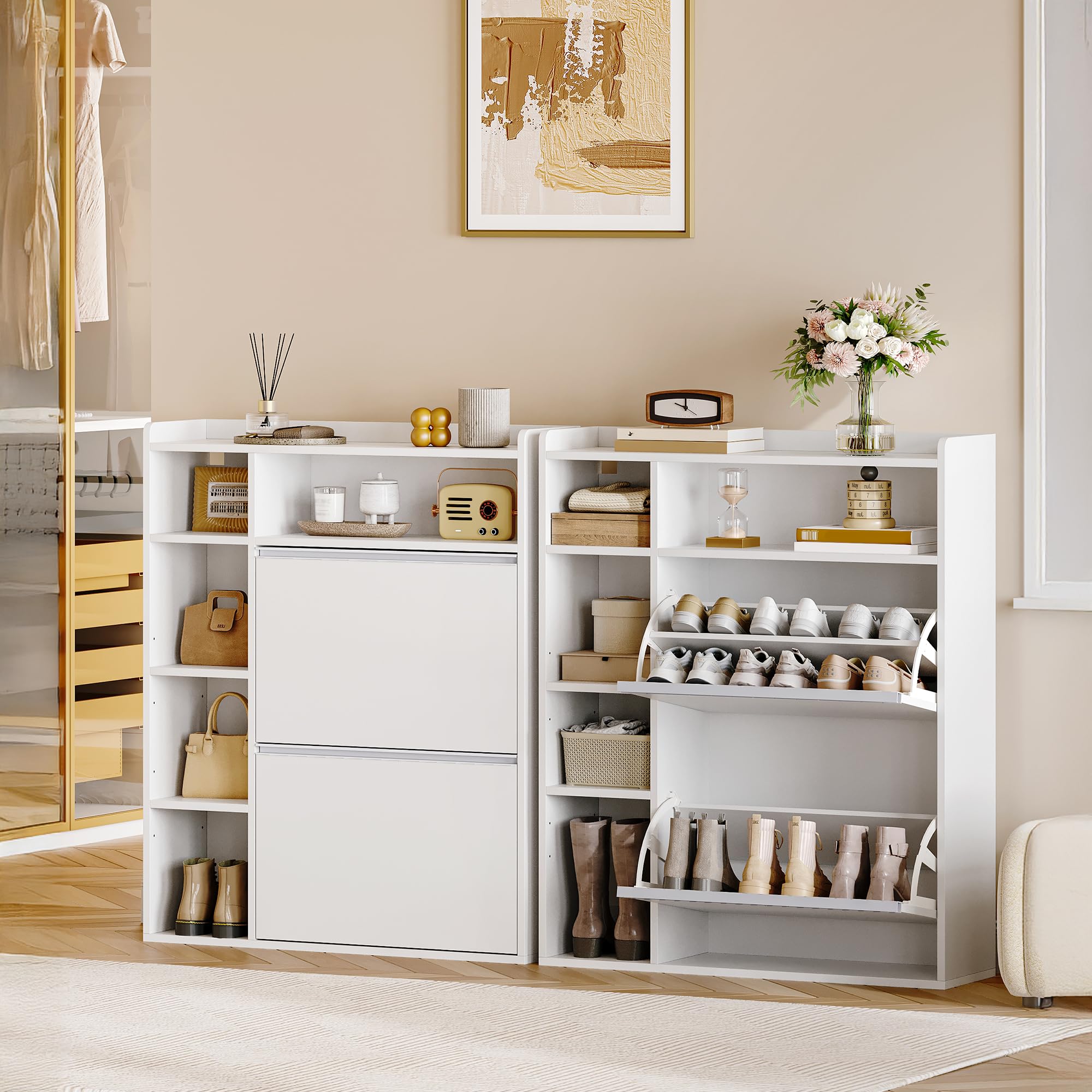 HEXCELEN Meuble à Chaussures avec 2 Portes, 5 Compartiments, Blanc | Armoire à Chaussures, Séparateur Réglables, 8 à 12 Paires, pour Entrée, Salon, 84,7 x 24 x 102 cm
