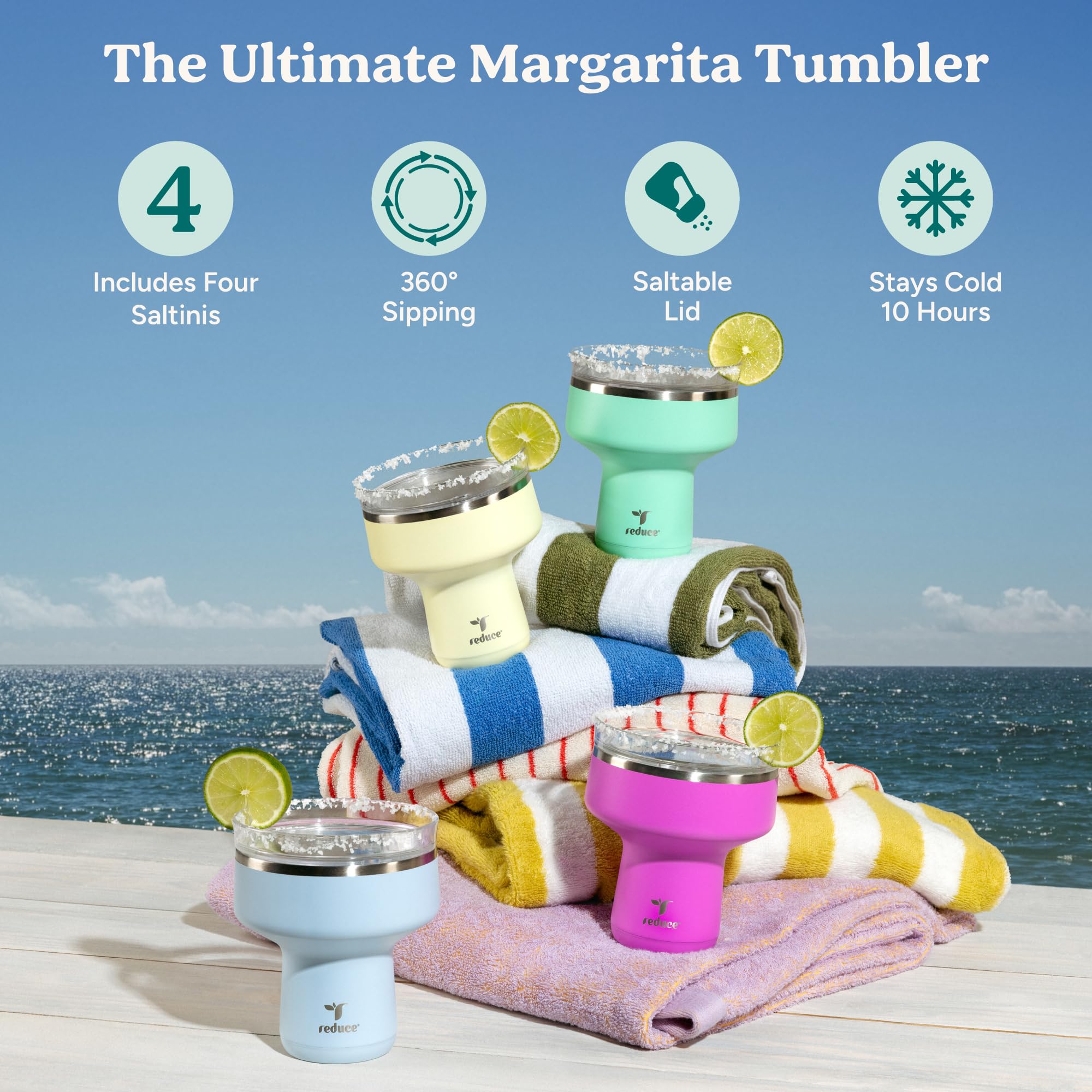REDUCE Saltini 16oz Margarita Tumbler - Insulated Cocktail Glass - 4 Pack | 360 sippable martini glass alternative keeps drinks cold for 10 hours multicolorsaltable splash-proof lidcocktail t product thumbnail 4