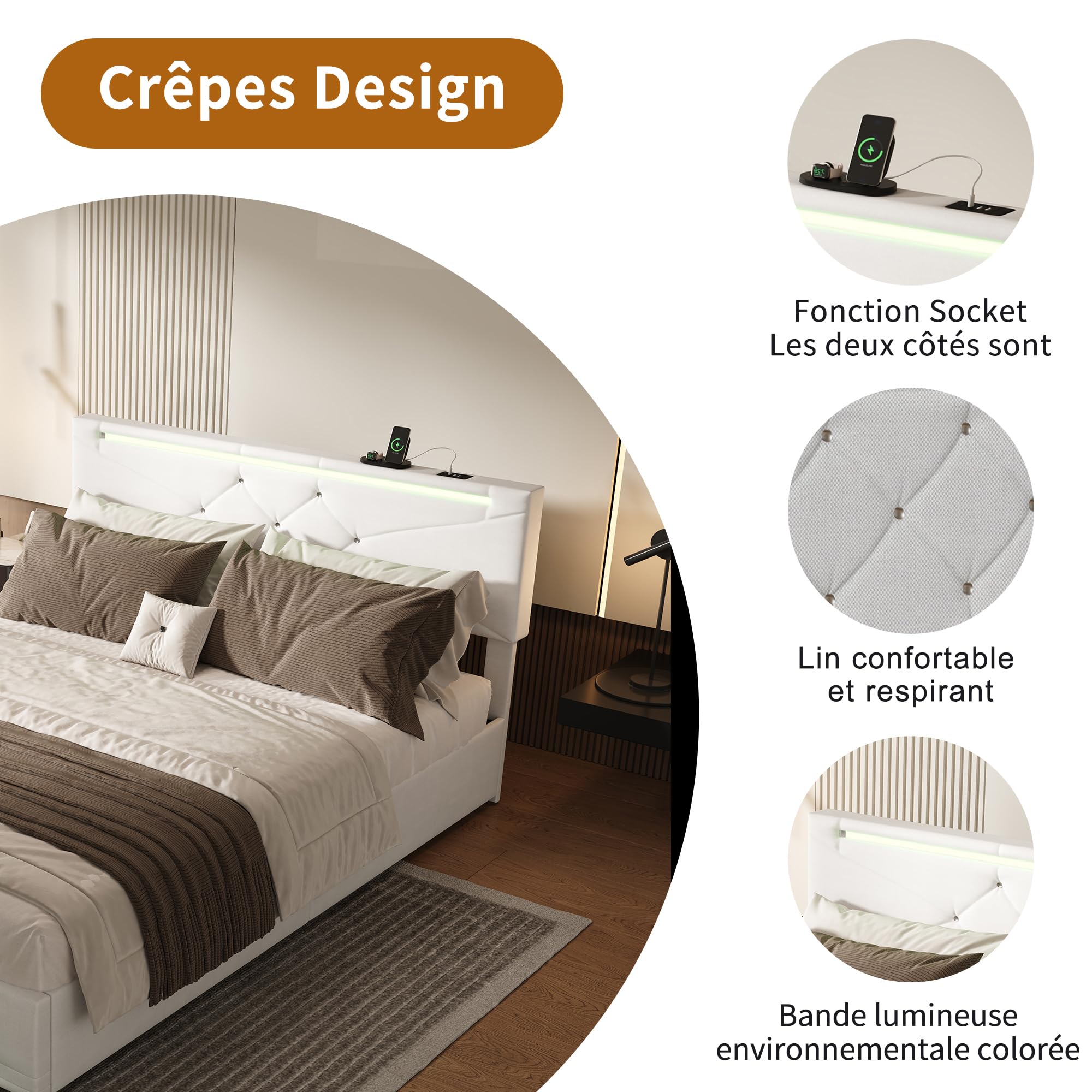 Letto matrimoniale contenitore, 160x200 cm, Letto Baule LED e Porte USB, testiera regolabile, Letto imbottito con contenitore idraulico, Struttura letto con rete a doghe, Lino (Beige/3, 160x200 cm)