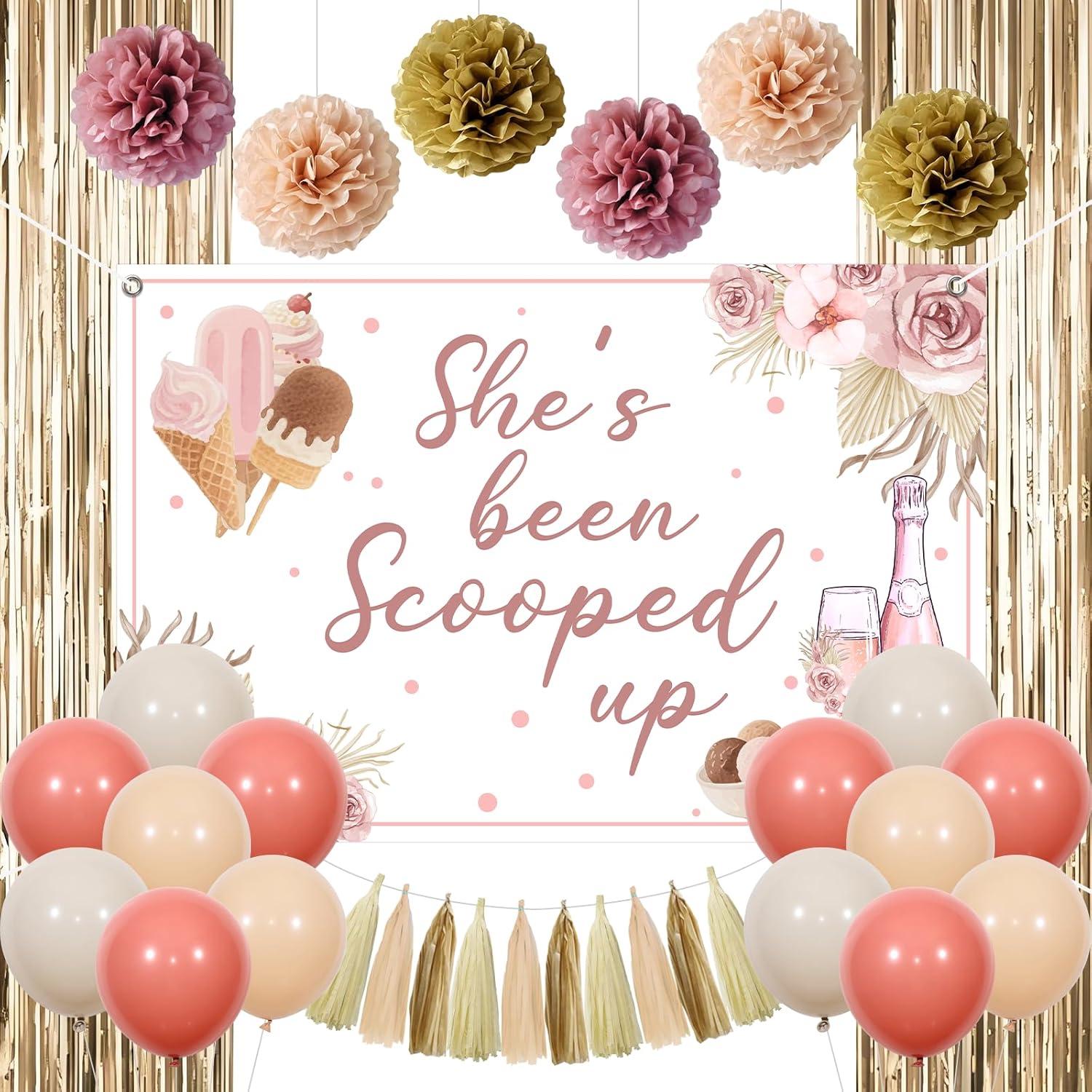 Boho She's Been Scooped Up Bridal Shower Party Decorations - Ice Cream Themed Backdrop, Balloon, Fringe Curtain, Paper Pom Poms, Pink Bachelorette Wedding Engagement Party Supplies