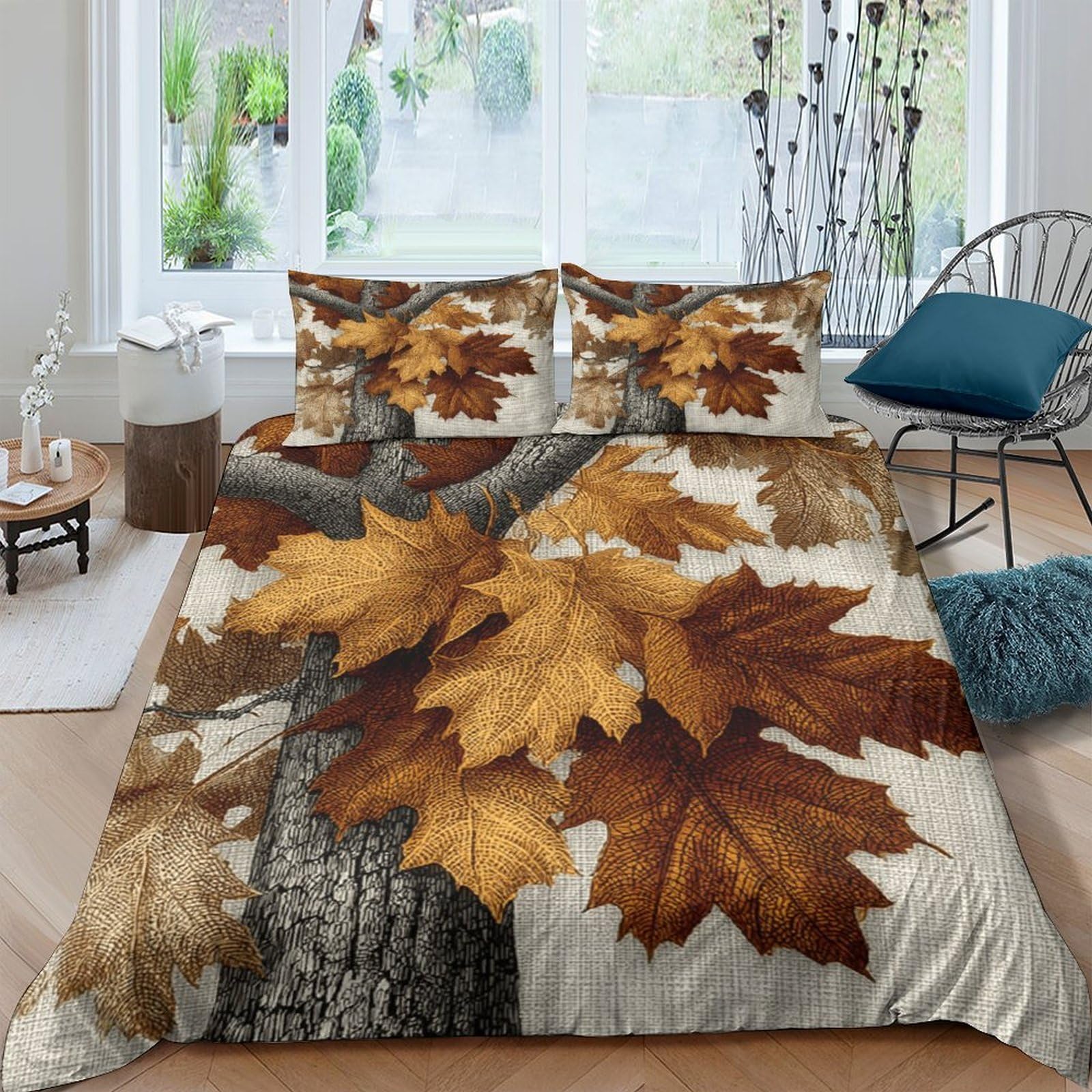 Ctjqhvkz Style-2 3D Printed Autumn Maple Leaves Fitted Sheet Microfiber Soft Bed Sheet Brown Tree Bed Cover For Bedroom Guest Room Decor Single（135X200cm）