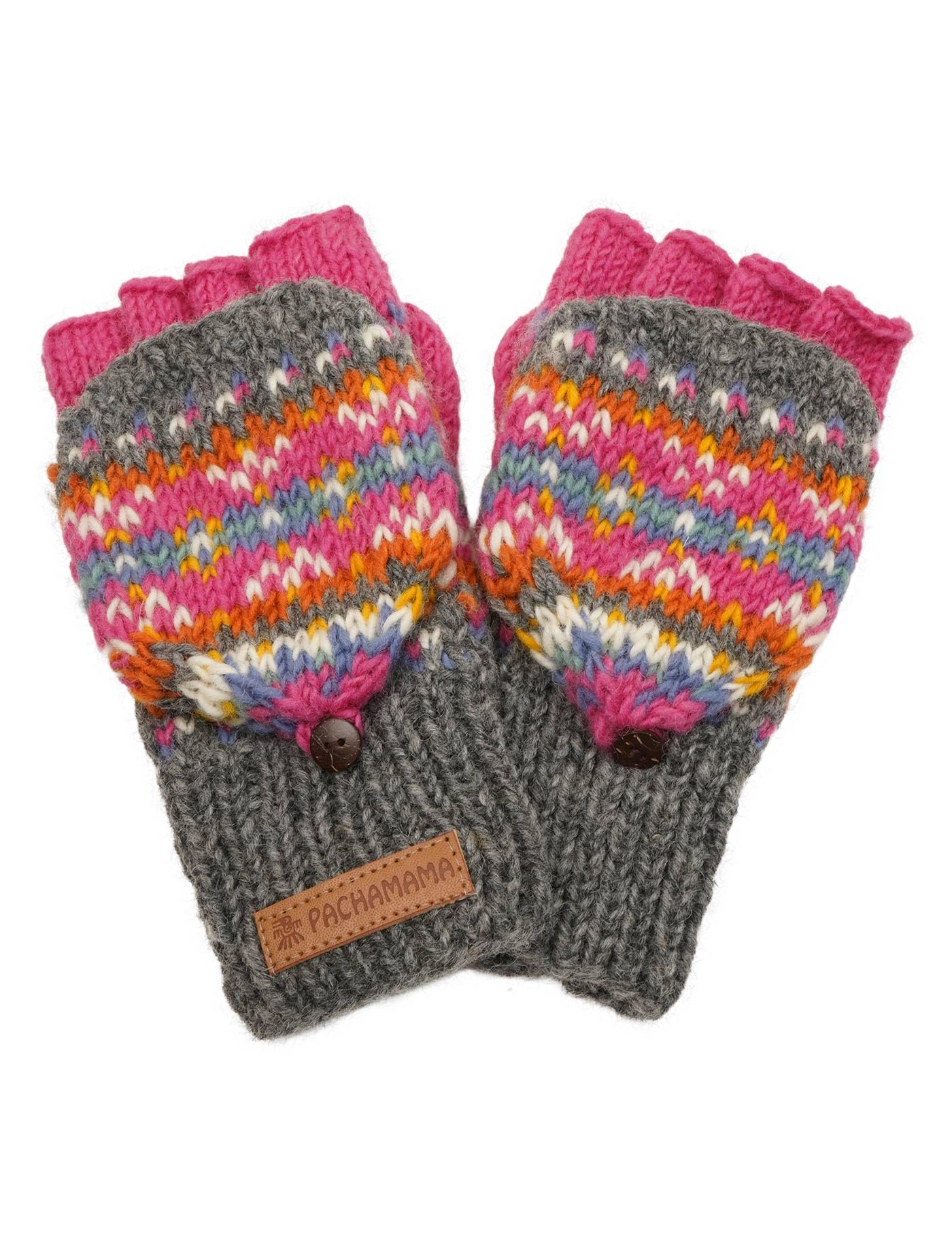 Pachamama Women Wool Fingerless Glove Mittens Handknitted Traditional Fairisle Colourful One-Size Handmade Extra Warm Fair Trade (Pink, One Size)