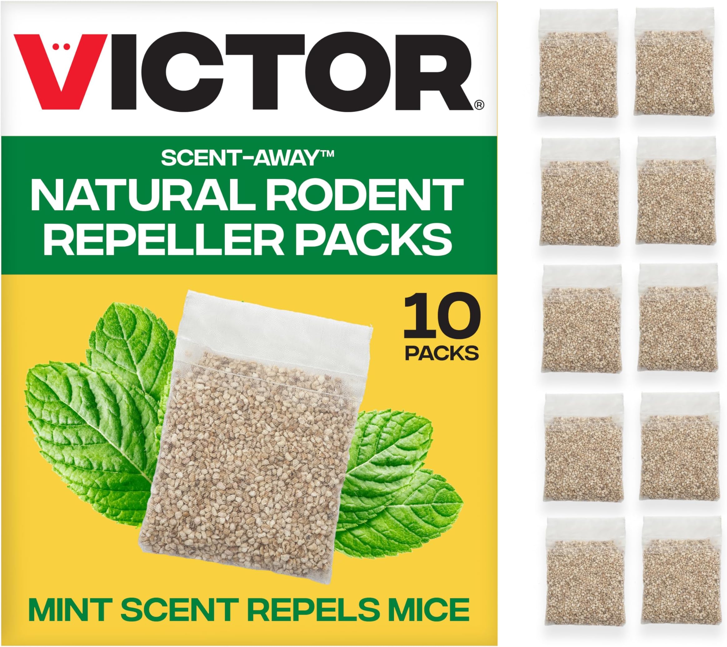 Scent-Away Mouse Repellent Pouches with Peppermint Oil - Natural Rodent Repeller for Indoor and Outdoor Use, 10 Pack M805B-2SR
