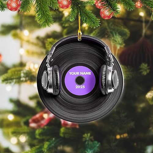 Miniatura 2 de Adorno de Navidad personalizado, máquina de discos de vinilo, adorno plano 2D, adorno para tocadiscos, instrumento musical, decoración de árbol de