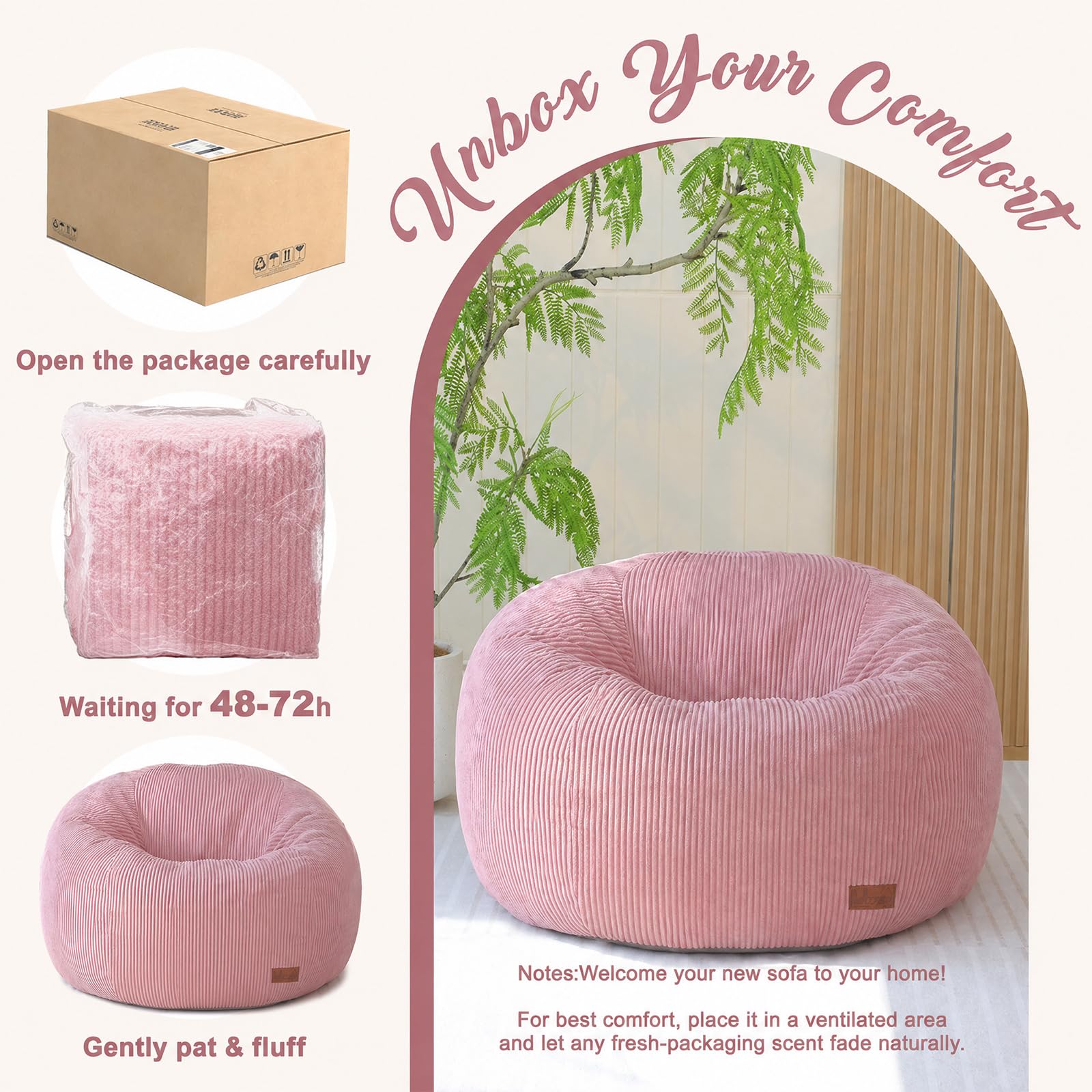 Runder Sitzsack, Cord Bean Bag Chair mit Füllung für Erwachsene & Kinder, Gemütlicher Lounge Sessel Relaxliege für Wohnzimmer, Schlafzimmer(M-Rosa)