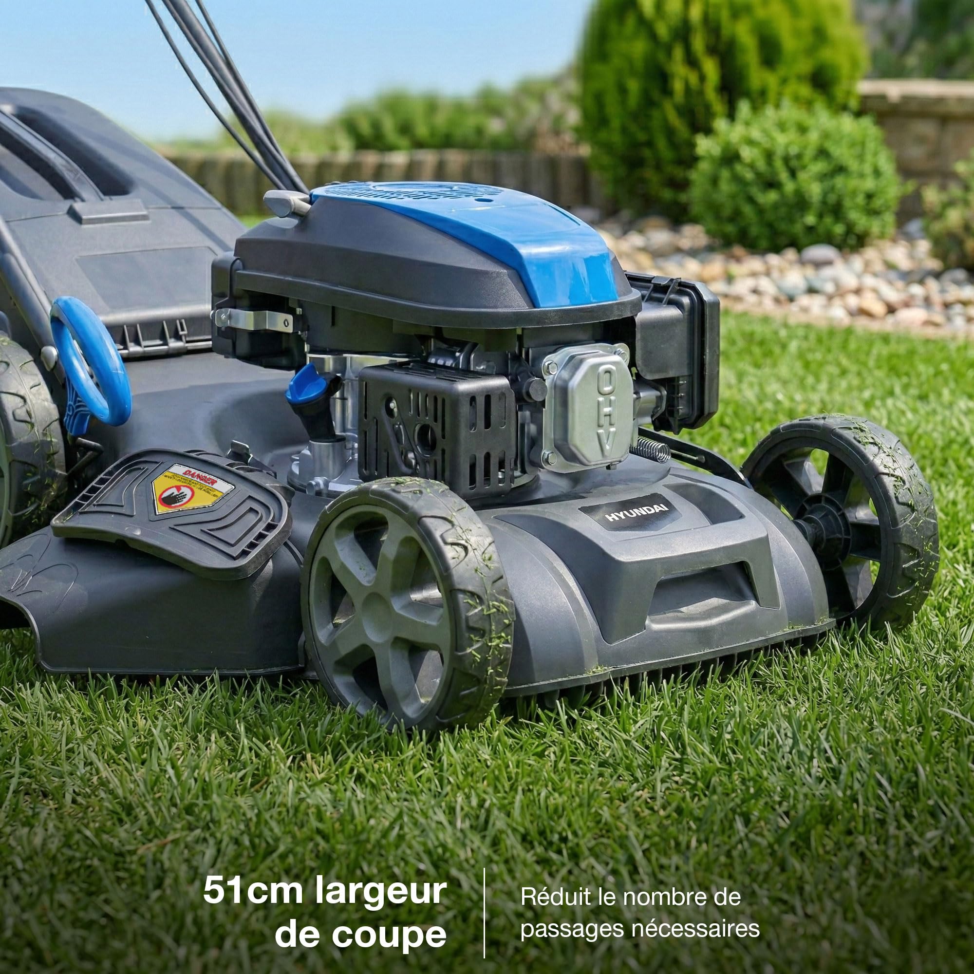 Hyundai Tondeuse à Gazon Thermique Autotractée Noire 51 cm, Moteur 196 cm3 5,5 CV 4 Temps, Bac 60 L, Coupe 4-en-1 Mulching, Garantie 3 Ans - HYM20200SPX