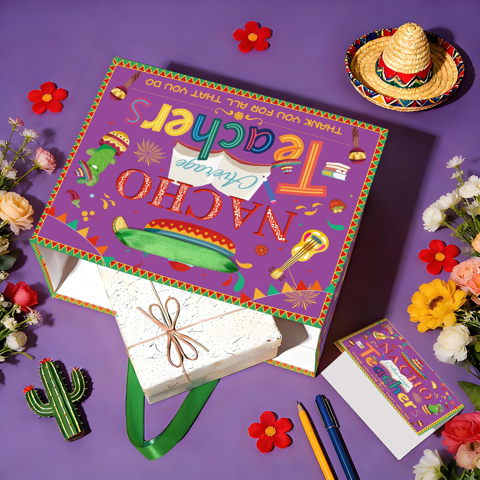 Woosytoo Nacho Average Teacher Appreciation Gift Bag with Wrapping Paper Card Mexican Fiesta Teacher Appreciation Week End of Year Thank You Gifts for Women Men Educators Daycare Tutors Best Presents