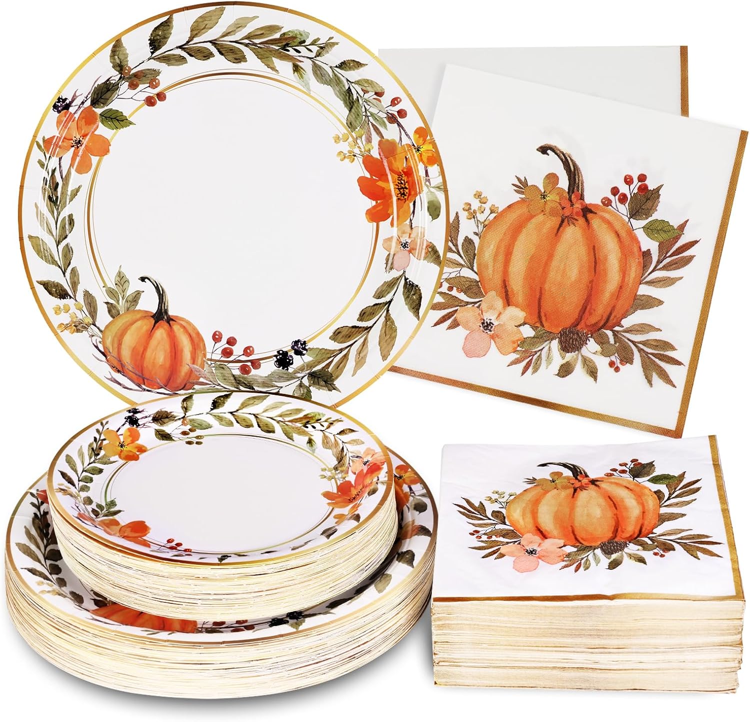 Homlouue 200Pcs Thanksgiving Paper Plates and Napkins, Fall Plates and Napkins, Pumpkin Flower Wreath Plate, Watercolor Disposable Party Supplies for Thanksgiving Autumn Harvest Table Decor, 50 Guests Wreath Pumpkin