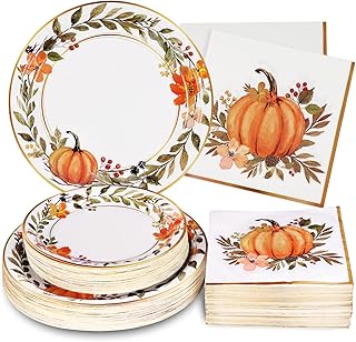 200Pcs Thanksgiving Paper Plates and Napkins, Fall Plates and Napkins, Pumpkin Flower Wreath Plate, Watercolor Disposable Party Supplies for Thanksgiving Autumn Harvest Table Decor, 50 Guests