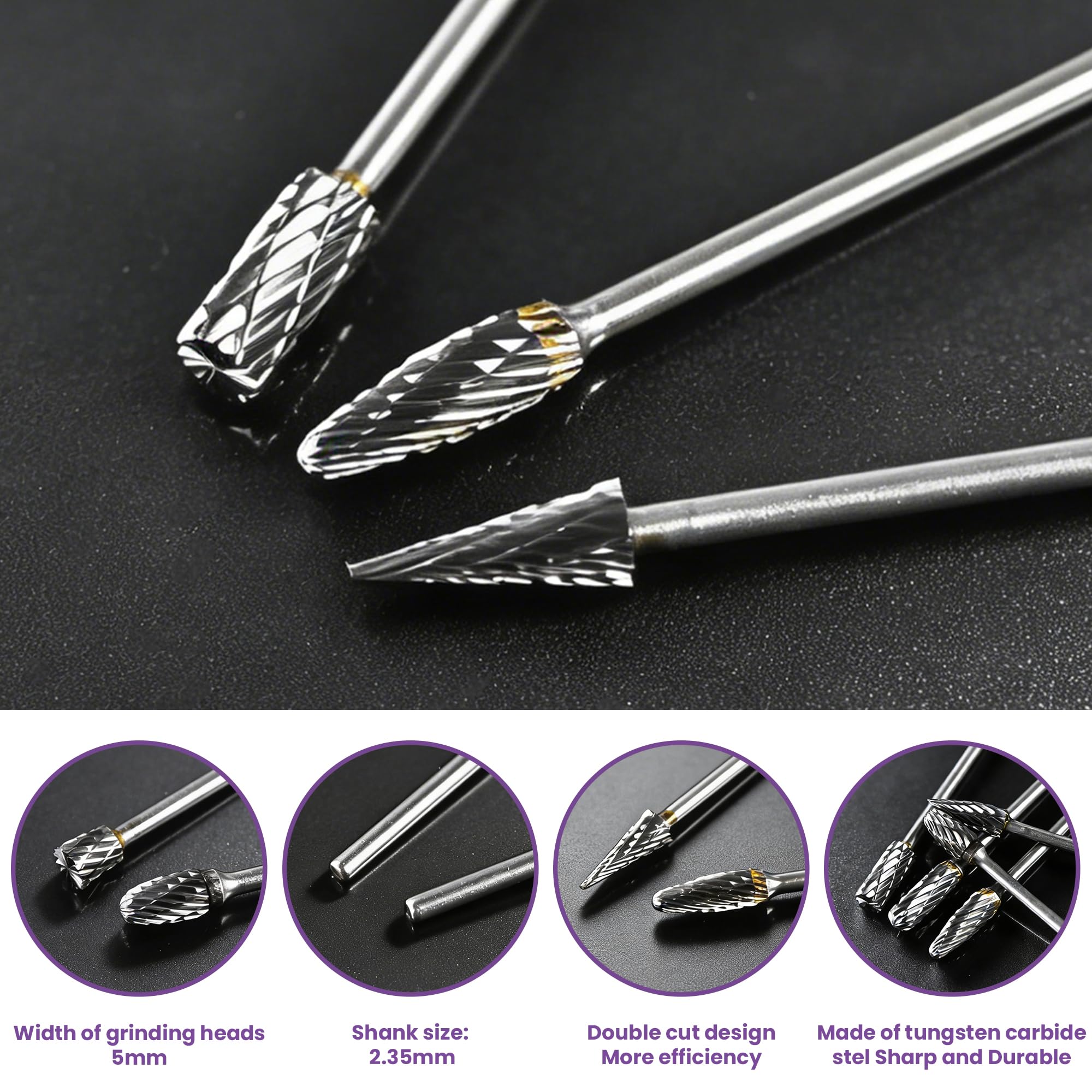 ARROWMAX 10pcs Hartmetall Frässtifte Set, 2.35mm (3/32") Schaft Rotary Burrs Fräser für Dremel & Mikromotor, Doppelter Schnitt Wolframkarbid Gravur Bits für Schmuck, Modellbau, Holzschnitzerei