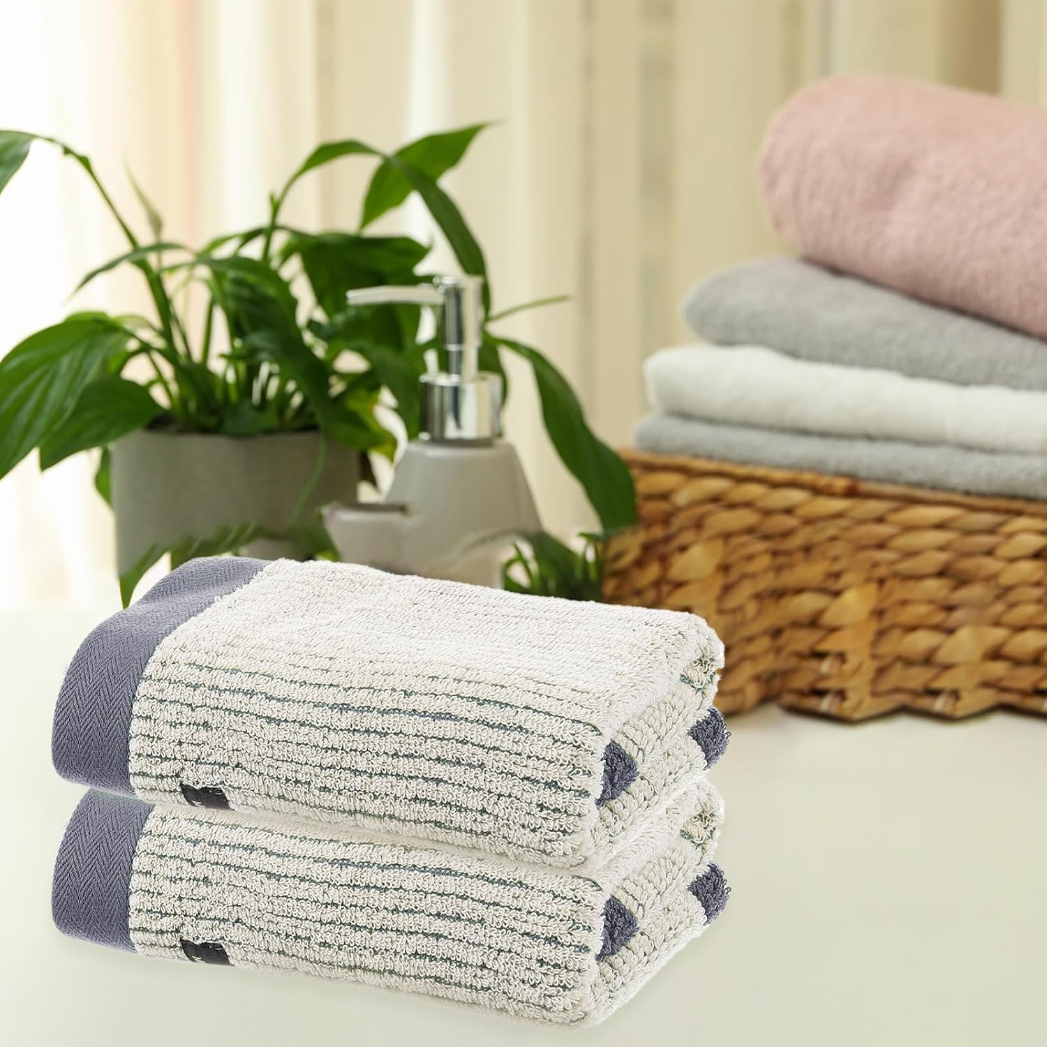 uxcell 4 Pcs Bathroom Hand Towels Dark Grey Soft Absorbent Face Towels Cotton Wash Cloths 13 x 29 Inch Kitchen Hand Towels for Bathroom Gym Drying Hand Face Hair (Vertical Stripe)