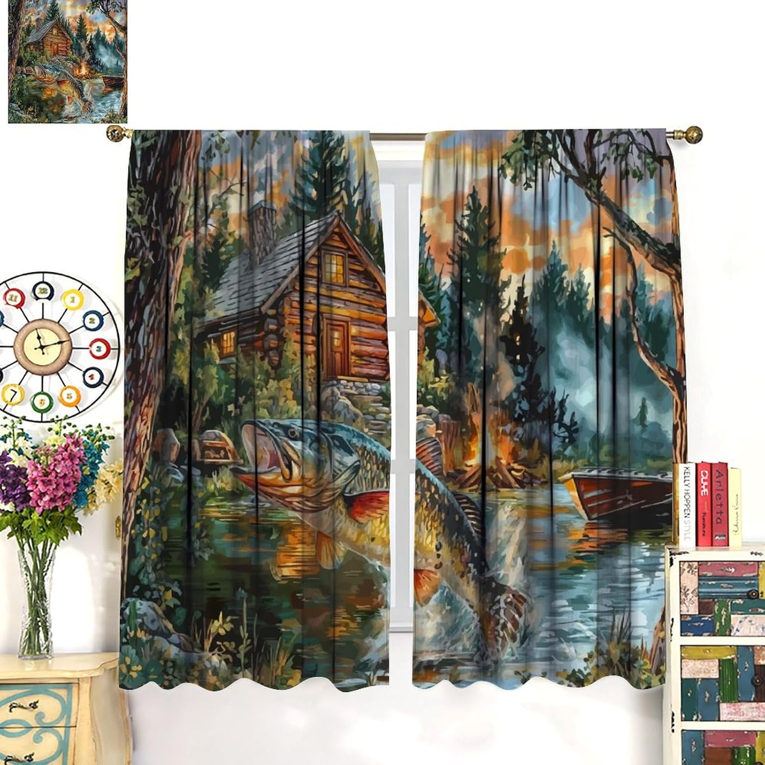 Rustic Fish Blackout Curtains,Vintage Forest Hunting Lodge Bass Fishing Torch Camping Windows Treatments Rod Pocket Drapes for Living Room Bedroom Kitchen 42x45in