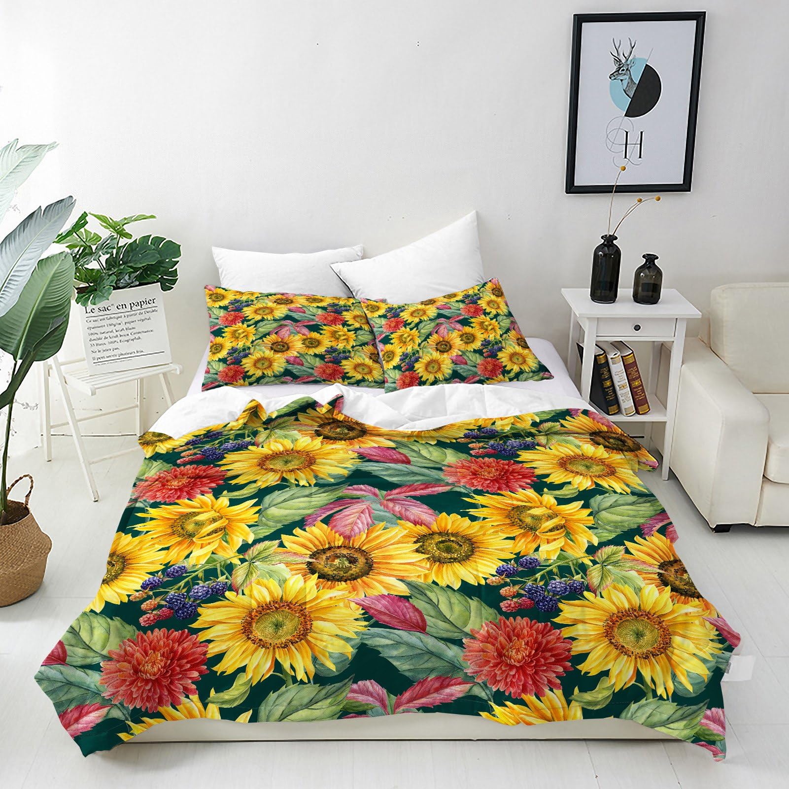 ANHOPE Sunflower Duvet Cover Set Soft Lightweight 3 Piece Bedding Set with 2 Pillowcases Watercolor Yellow Flower Leaf Print Pattern Quilt Cover with Zipper Closure Super King โ image 1