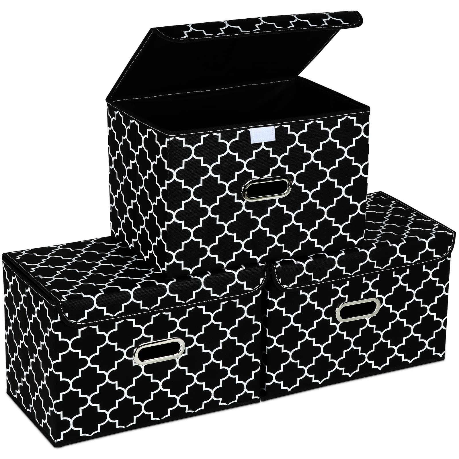 STOREONE Fabric Storage Cube Bins Foldable Organizer Container Collapsible Basket with Lids and Metal Handles, for Home, Bedroom, Closet 3 Pcs (Black Light)