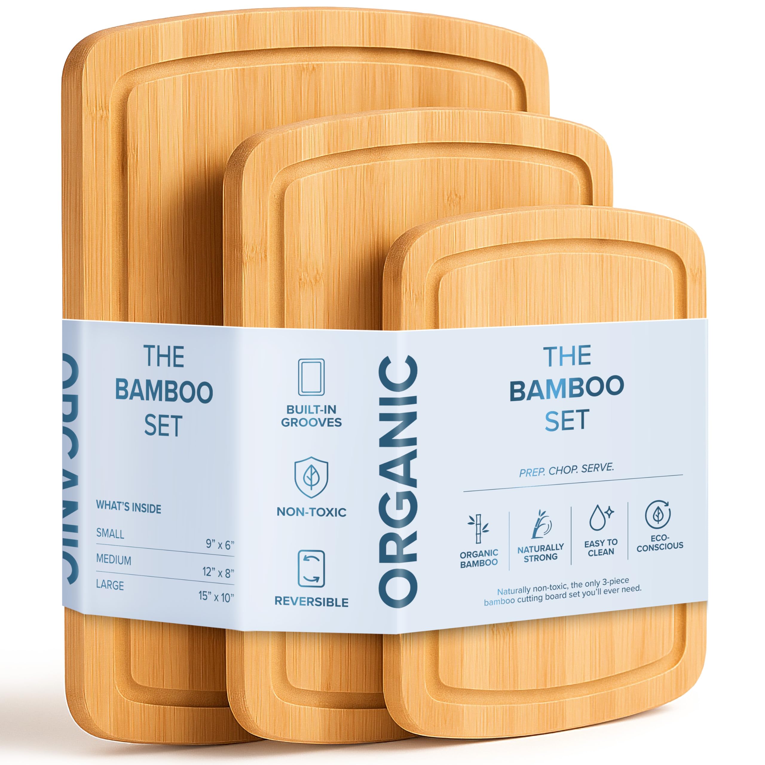Tablas de cortar de madera para encimera de cocina, juego de tablas de cortar de bambú con agarres adhesivos (paquete de 3), tablas de cortar de madera gruesas antideslizantes para carne, queso