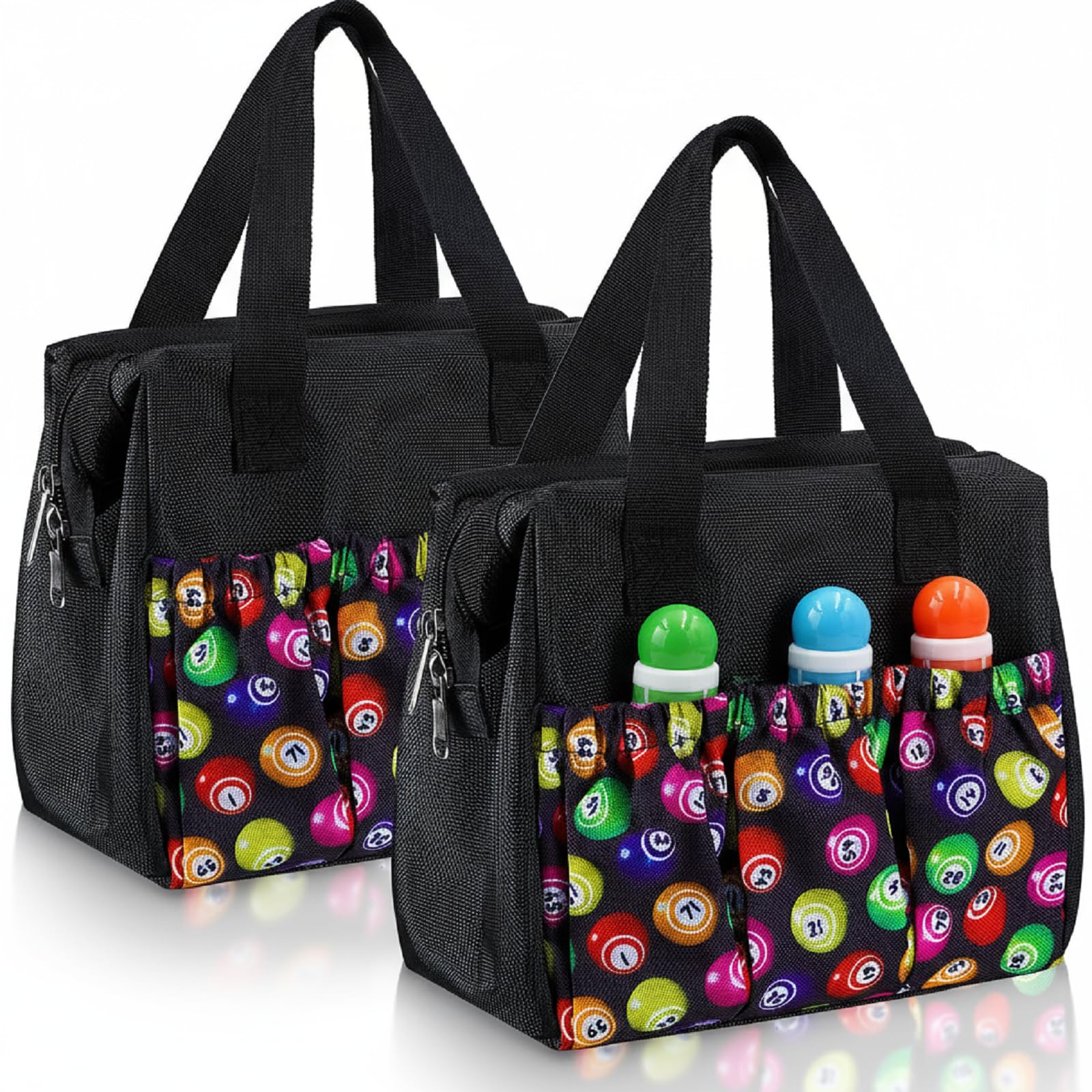 Paterr 2 Pcs Black Bingo Dauber Bag with 6 Pockets Large Capacity Tote Bag with Zipper and Handle Travel Carrying Case for Bingo Game Lover Gift