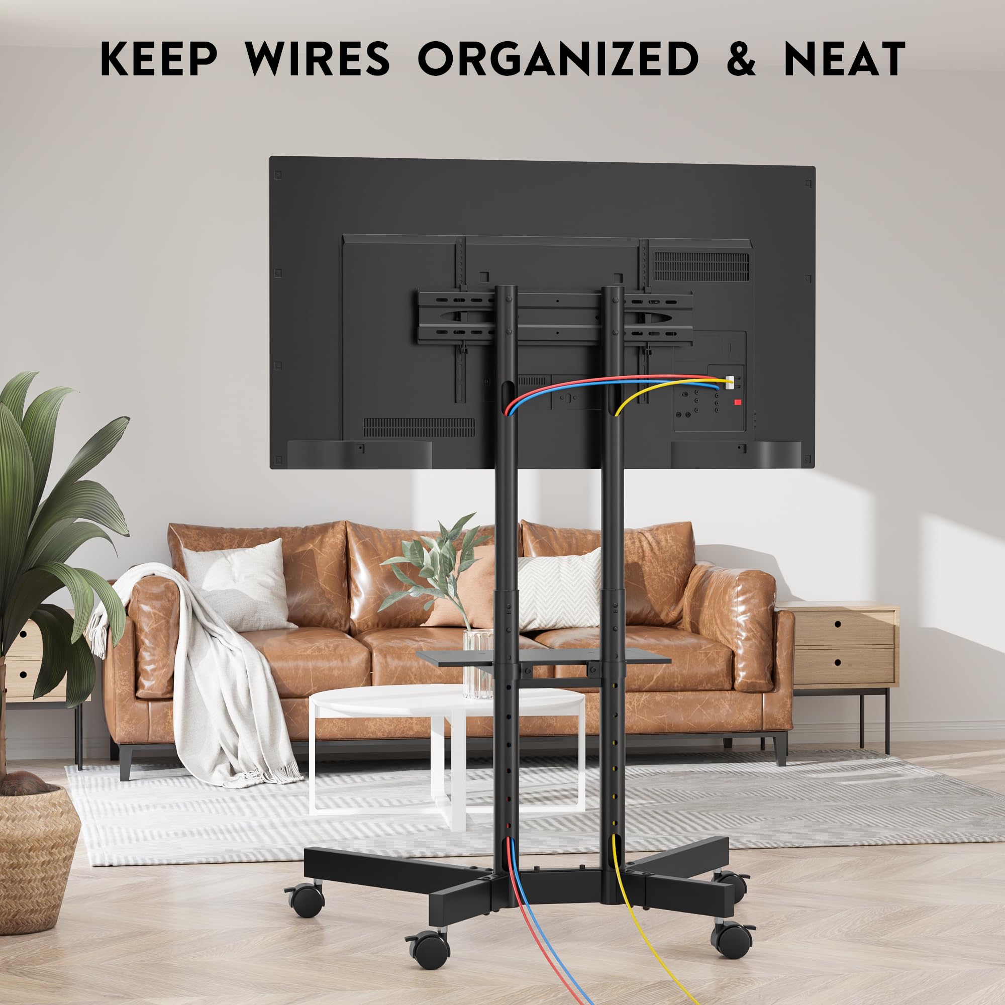 BONTEC Rollbarer TV Ständer mit feststellbaren Rollen, höhenverstellbarer TV Wagen für 32-85 Zoll, 55 kg, VESA 600x400, mit Ablage und Kabelmanagement