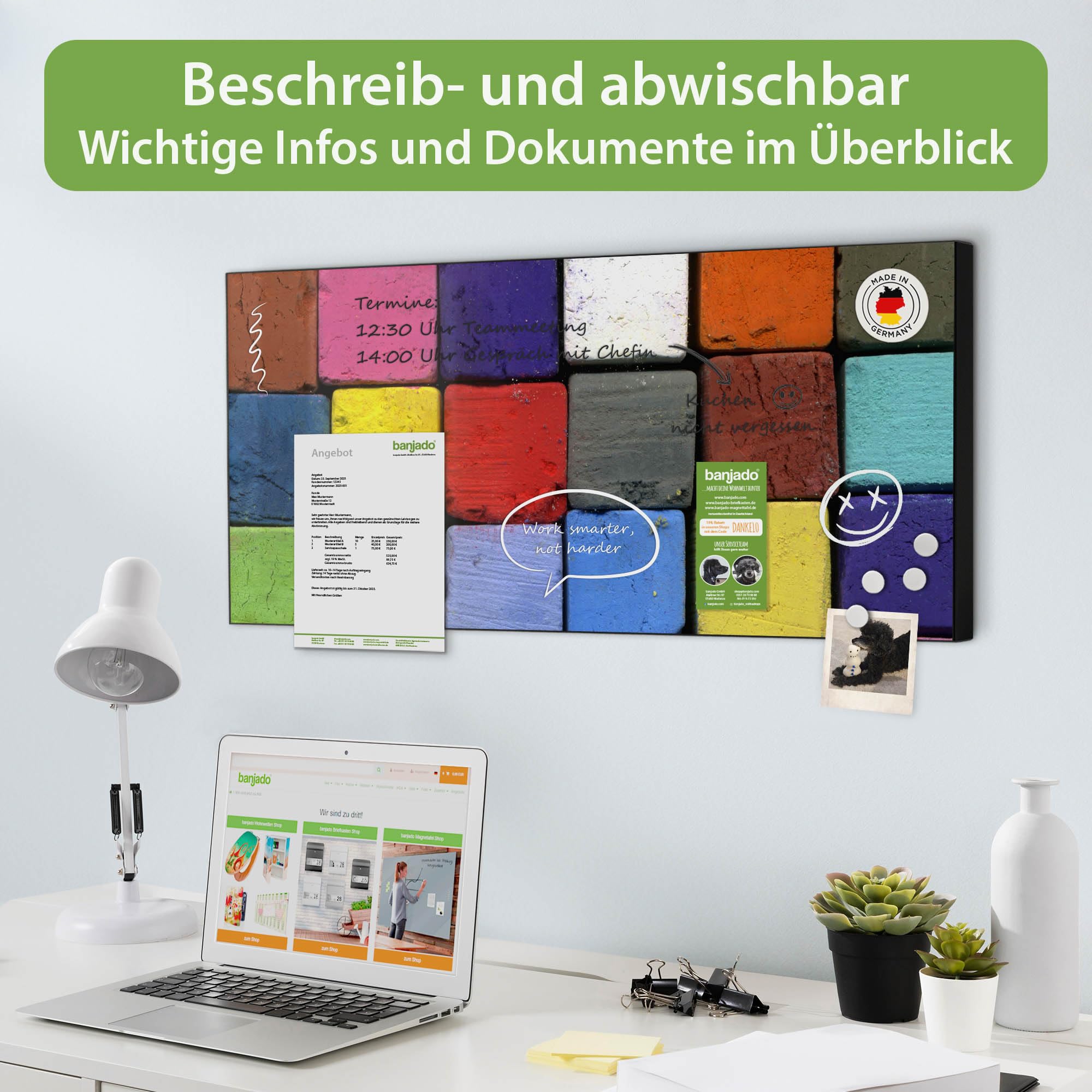 banjado Magnettafel Metall 78 x 37cm - beschreibbare Magnettafel - Metall Pinnwand als Memoboard - Magnetwand Küche, Büro, Kinderzimmer Schwarz inkl. 4 Magnete & Montageset - Motiv Bunte Kreide
