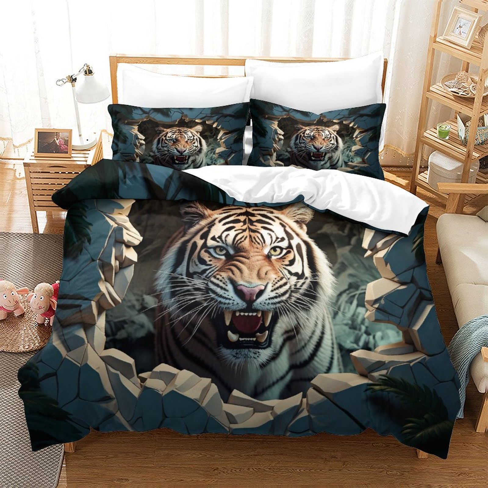 P1S9U7W5Y Dynamic Tiger 3D Printed Duvet Cover Set 3pcs Microfiber Tiger Bedding Set King