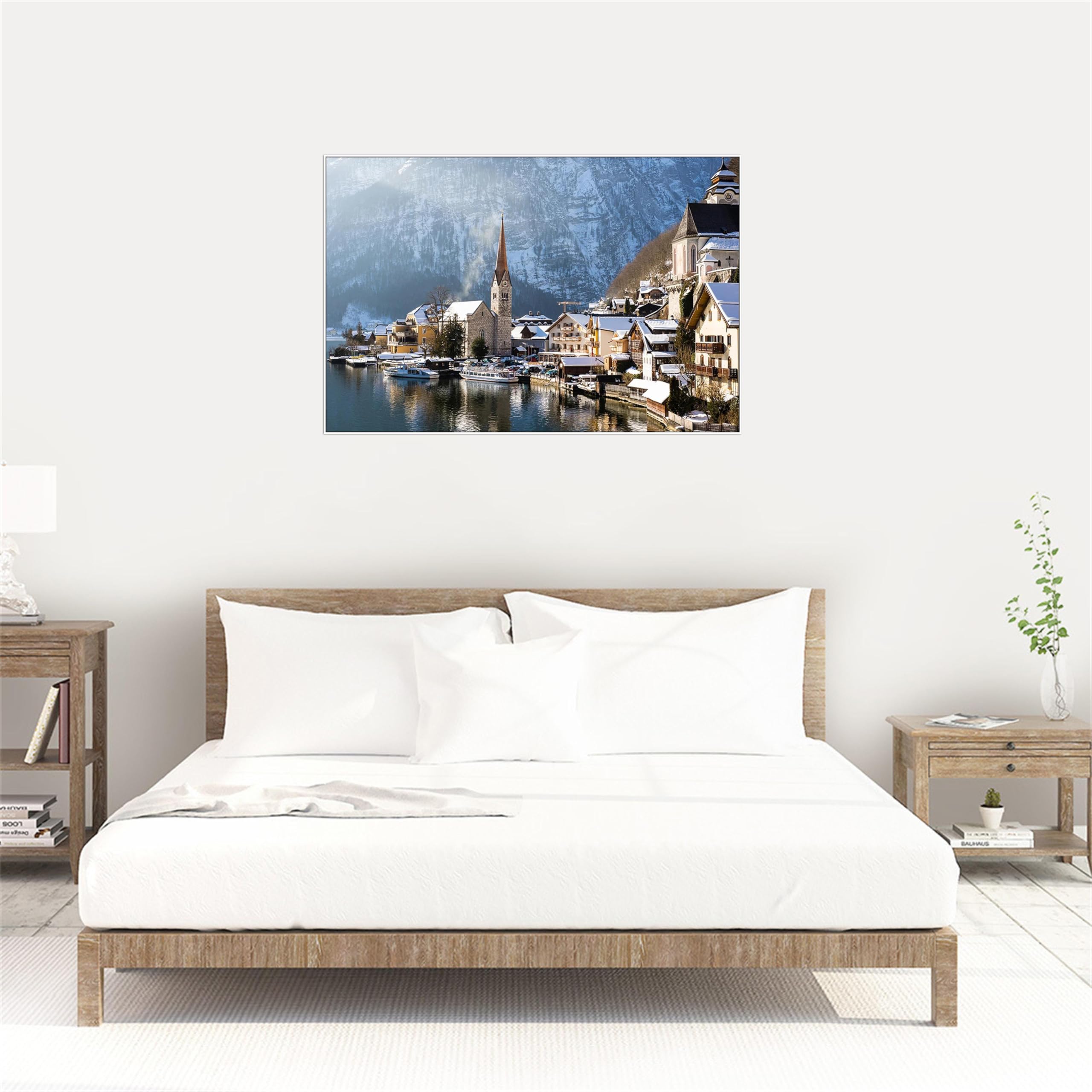 Stadt Leinwandbild Landschaftsbilder-Panorama Bild auf Leinwand-Winter Stadt Gebäude-Weiß Rahmen Wandbilder für Wohnzimmer 50x75cm-19x29in