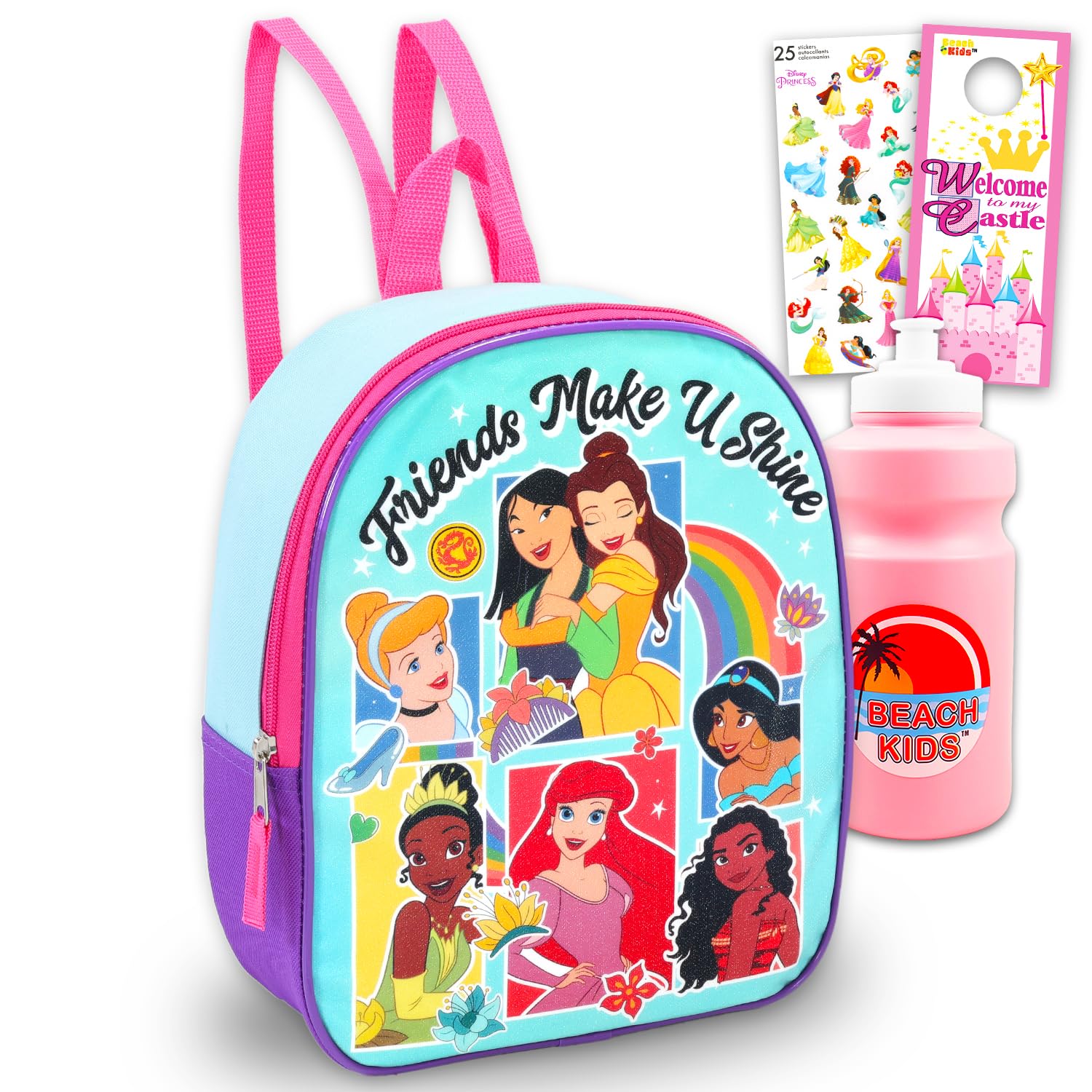 Disney Princess Mini Backpack Set - Includes 11 School Bag with Ariel Belle Tiana Others Plus Water Bottle