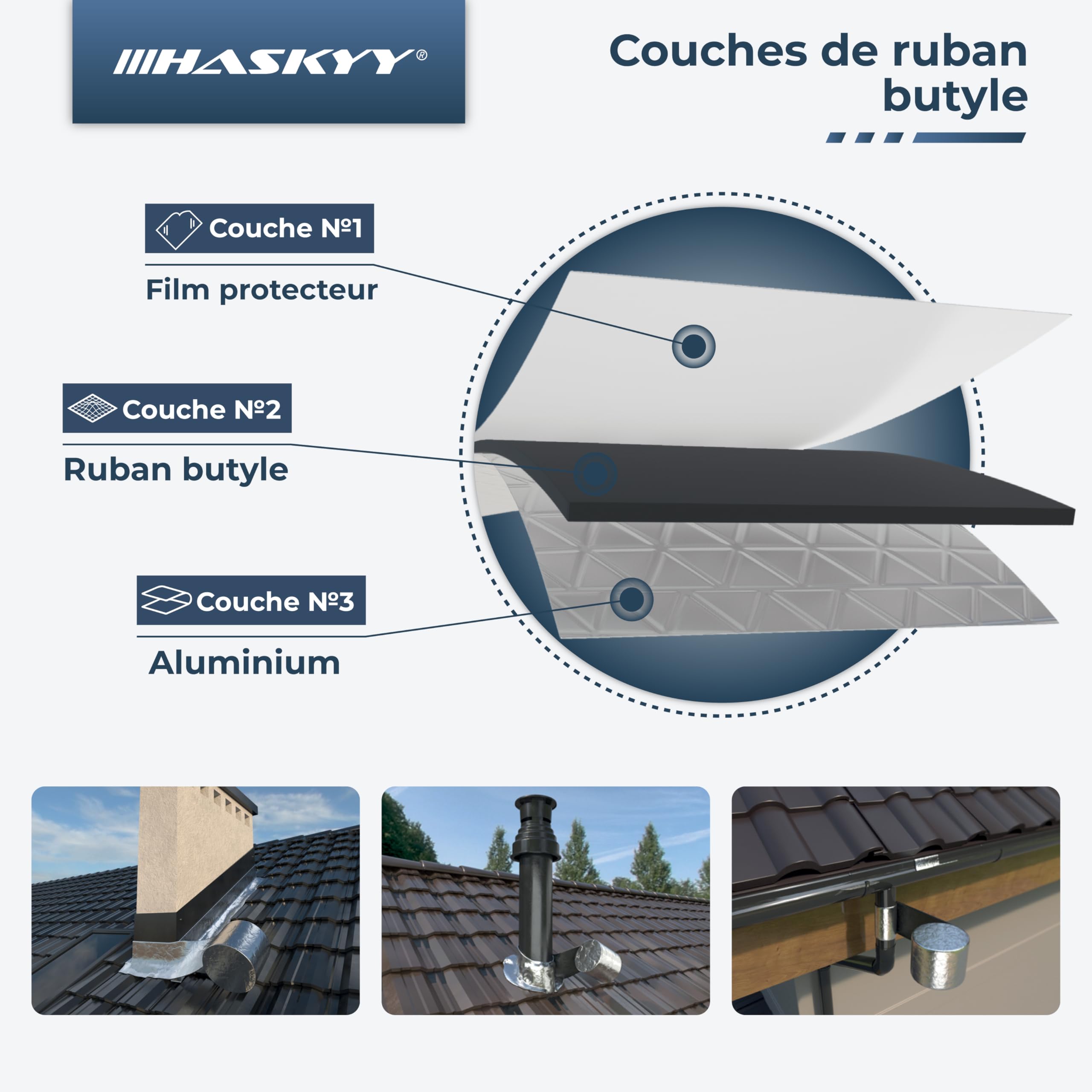 HASKYY Ruban d'étanchéité en butyle 50mm x 5m Bande adhésive aluminium imperméable réparation argent
