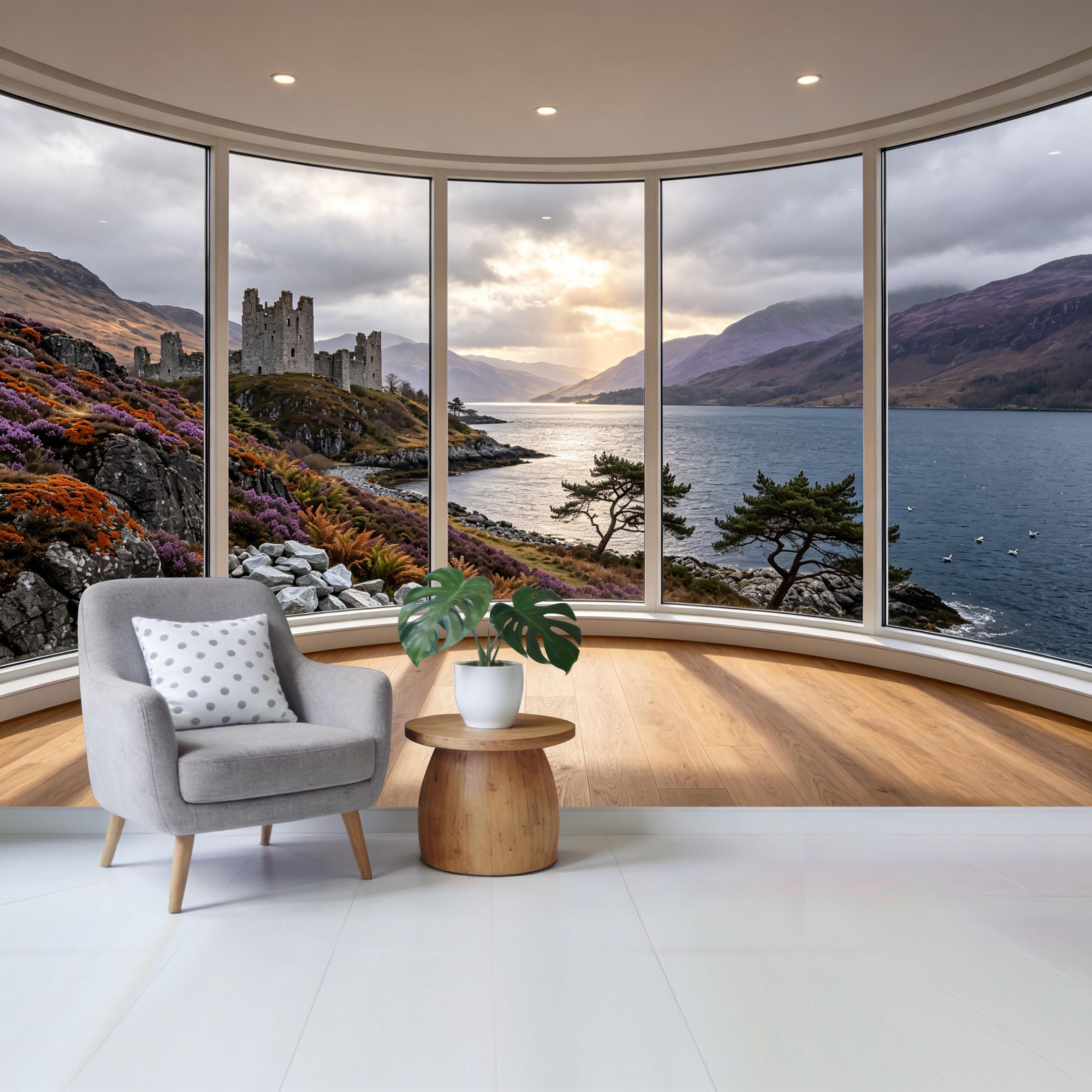 Removable Self Adhesive Fabric Mural， Highland Castle Lake View Custom Size Wall Covering， UV Protected Waterproof Washable Wall Decor for Living Room Bedroom Bathroom