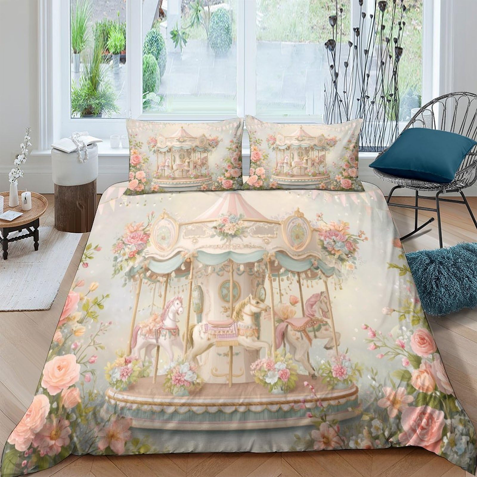 Ctjqhvkz Style-1 3D Printed Vintage Carousel Fitted Sheet Microfiber Soft Floral Pastel Mattress Cover For Bedroom Guest Room Décor Single（135X200cm）