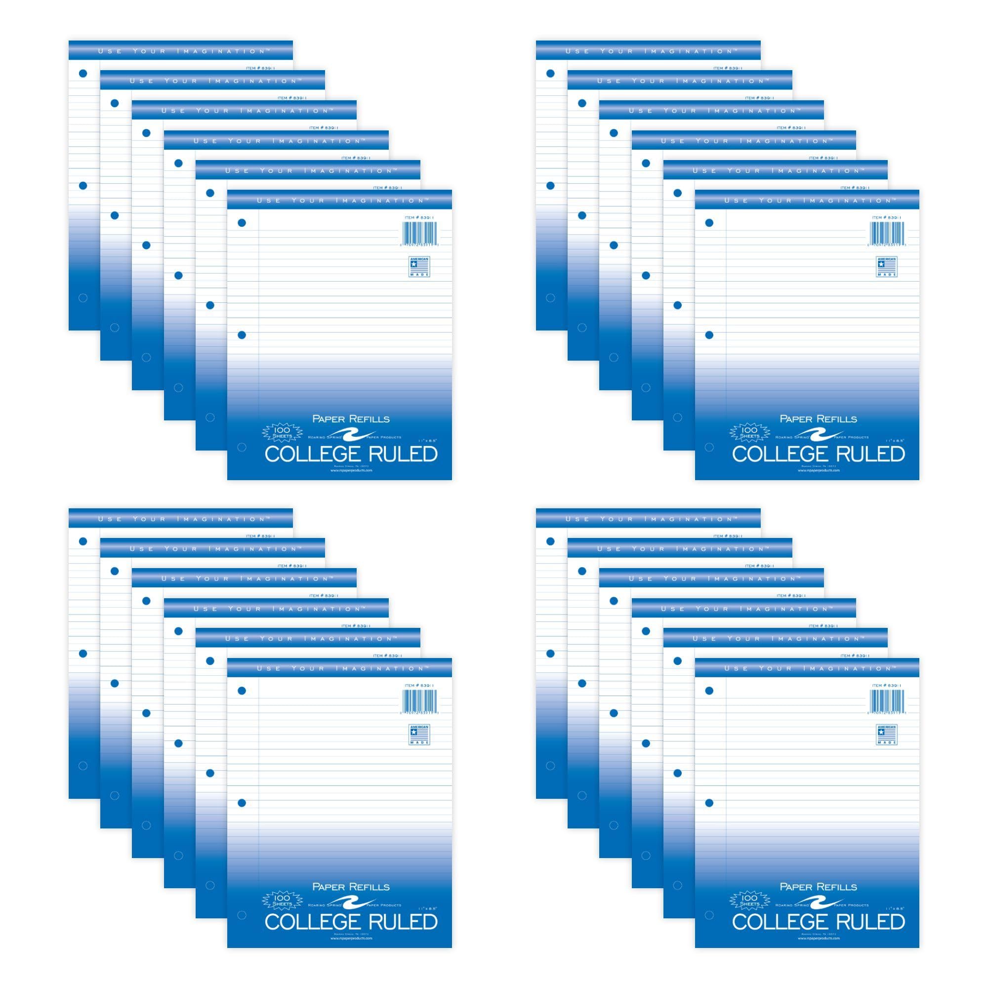 Roaring Spring Carta sfusa, confezione da 24 confezioni, 100 fogli per confezione, 20,3 x 27,9 cm, bianca, a righe 15#, carta riempitiva per quaderni universitari con margine, perforata a 3 fori,