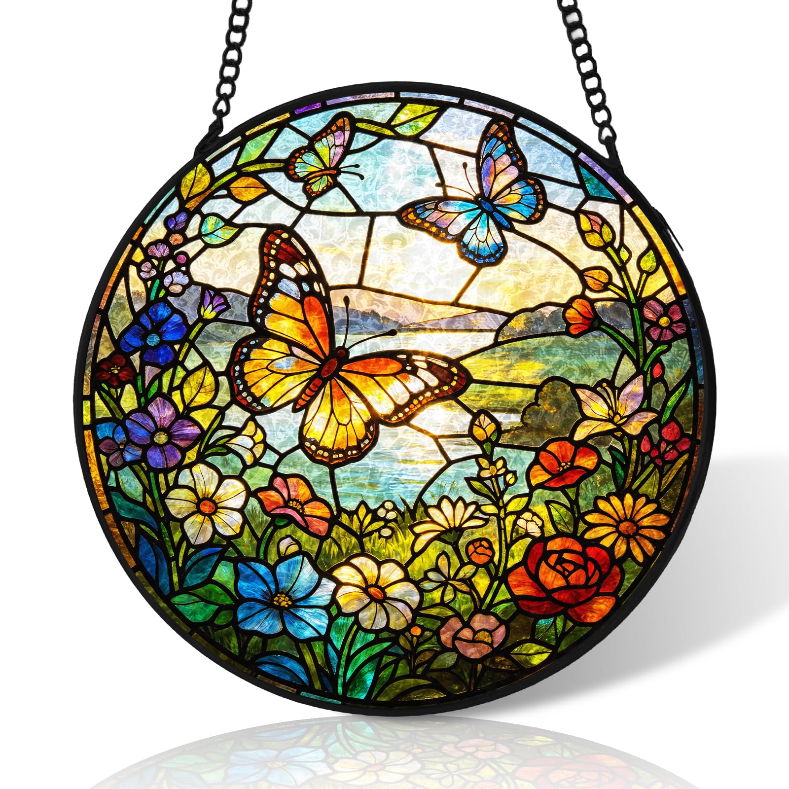 10 inch Butterfly Flower Stained Glass Suncatcher Windows Hanging,Stained Glass Ornament Home Decor,Suncatchers for Windows Hanging,Birthday Gifts for Women,Lovers,Friend(Black)