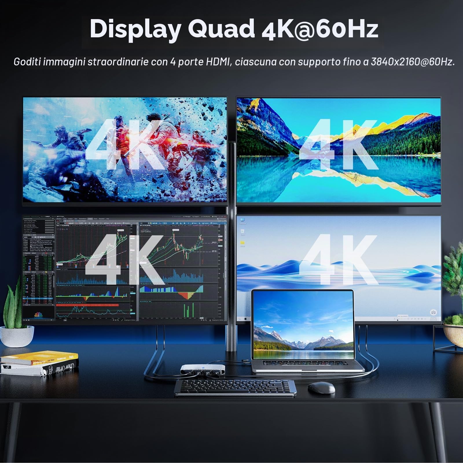 WAVLINK Display esteso da USB 3.0 USB C a Quad HDMI Splitter per quattro monitor con PD da 85 W, adattatore Displaylink 4 HDMI 4K a 60Hz per Mac M1/M2/M3/M4 o Windows,Compatibile con nuovo MacBook Neo